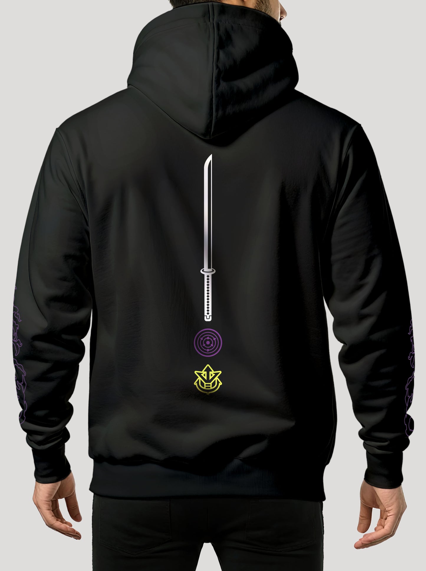 Black hoodie featuring best Zoro, Sasuke and Vegeta prints in original colours on front and back, made from 100% organic breathable cotton, with an oversized fit when sized up.