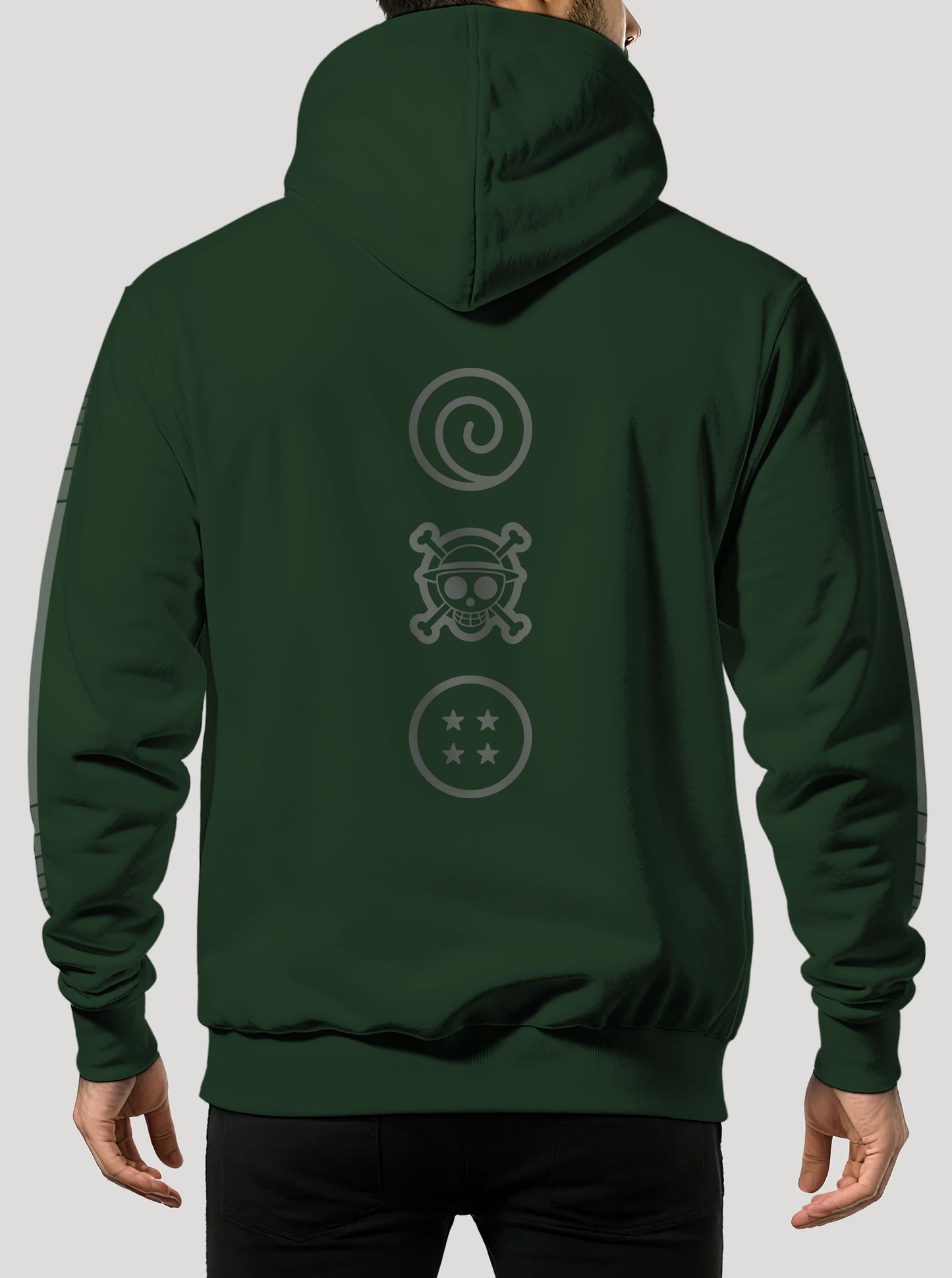 Green hoodie featuring Naruto, Luffy and Goku prints in dark green on front and back, made from 100% organic breathable cotton, with an oversized fit when sized up.