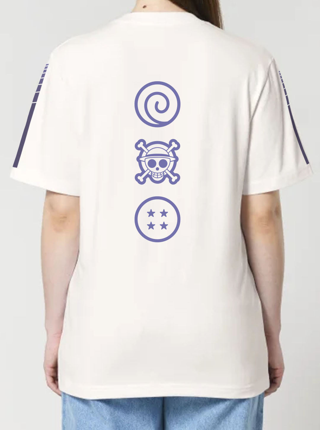Off White t-shirt featuring Naruto, Luffy and Goku prints in blue on front and back, made from 100% organic breathable cotton, with an oversized fit when sized up.