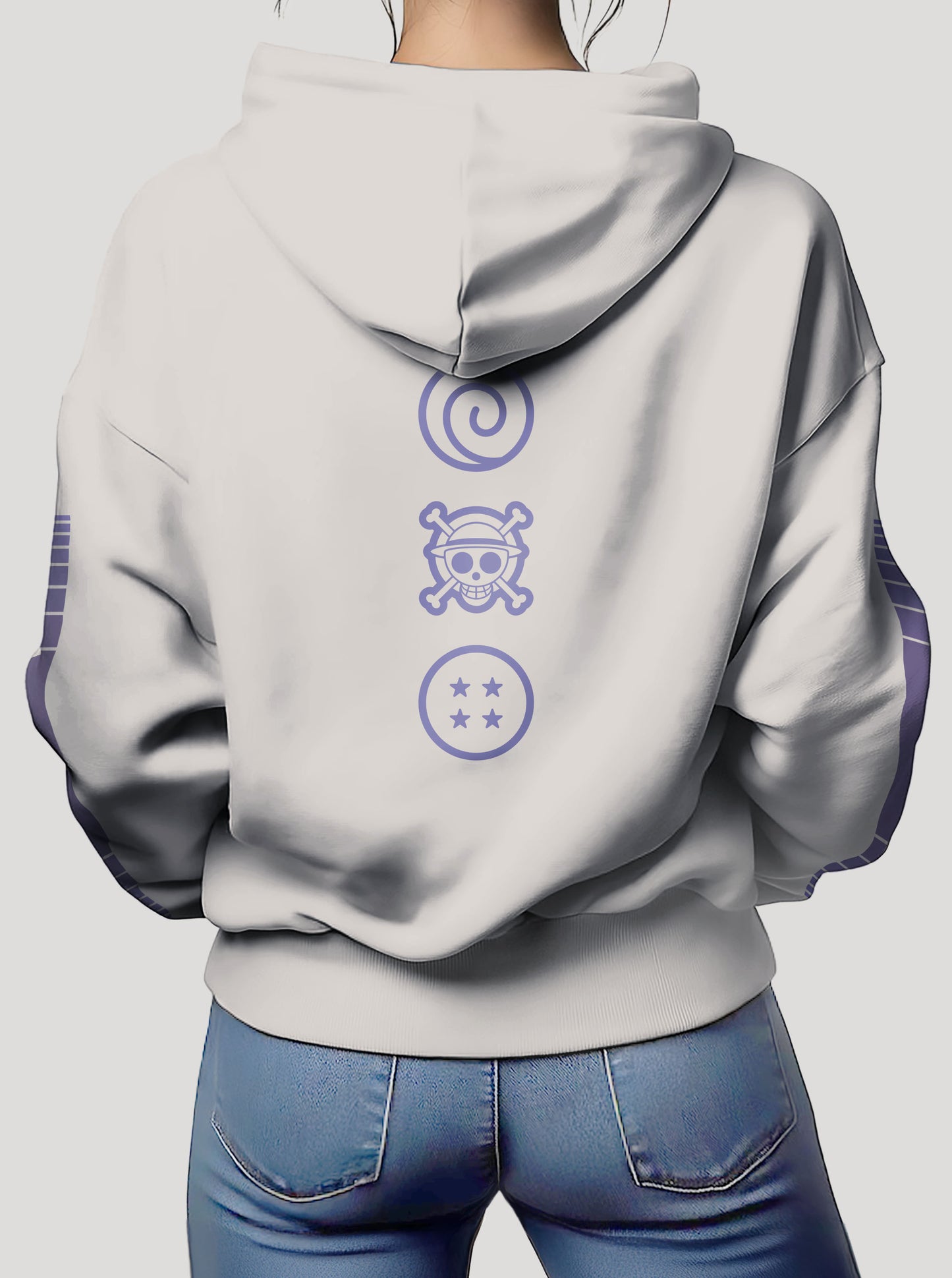 Off White hoodie featuring Naruto, Luffy and Goku prints in blue on front and back, made from 100% organic breathable cotton, with an oversized fit when sized up.