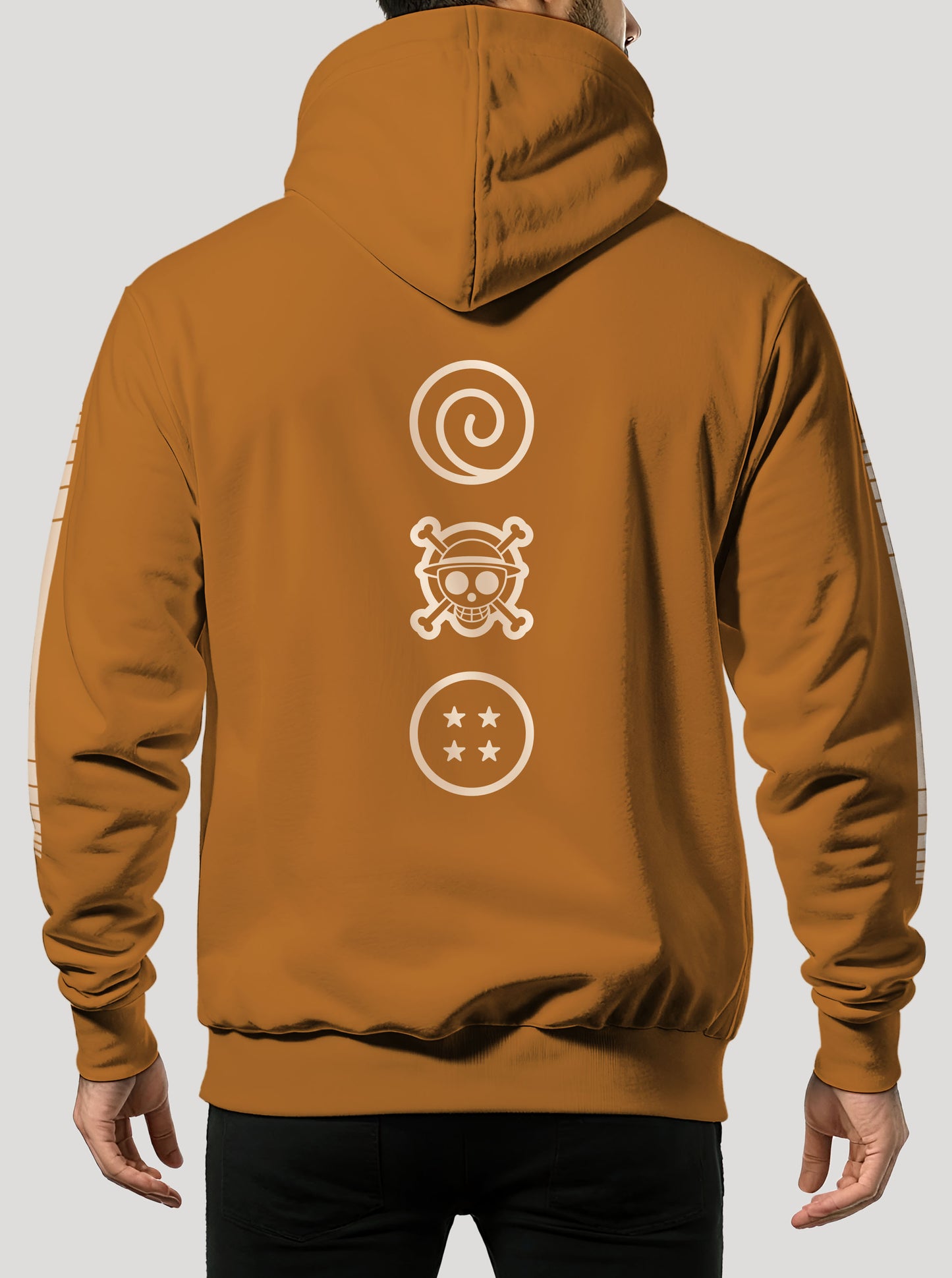Orange hoodie featuring Naruto, Luffy and Goku prints in white on front and back, made from 100% organic breathable cotton, with an oversized fit when sized up.