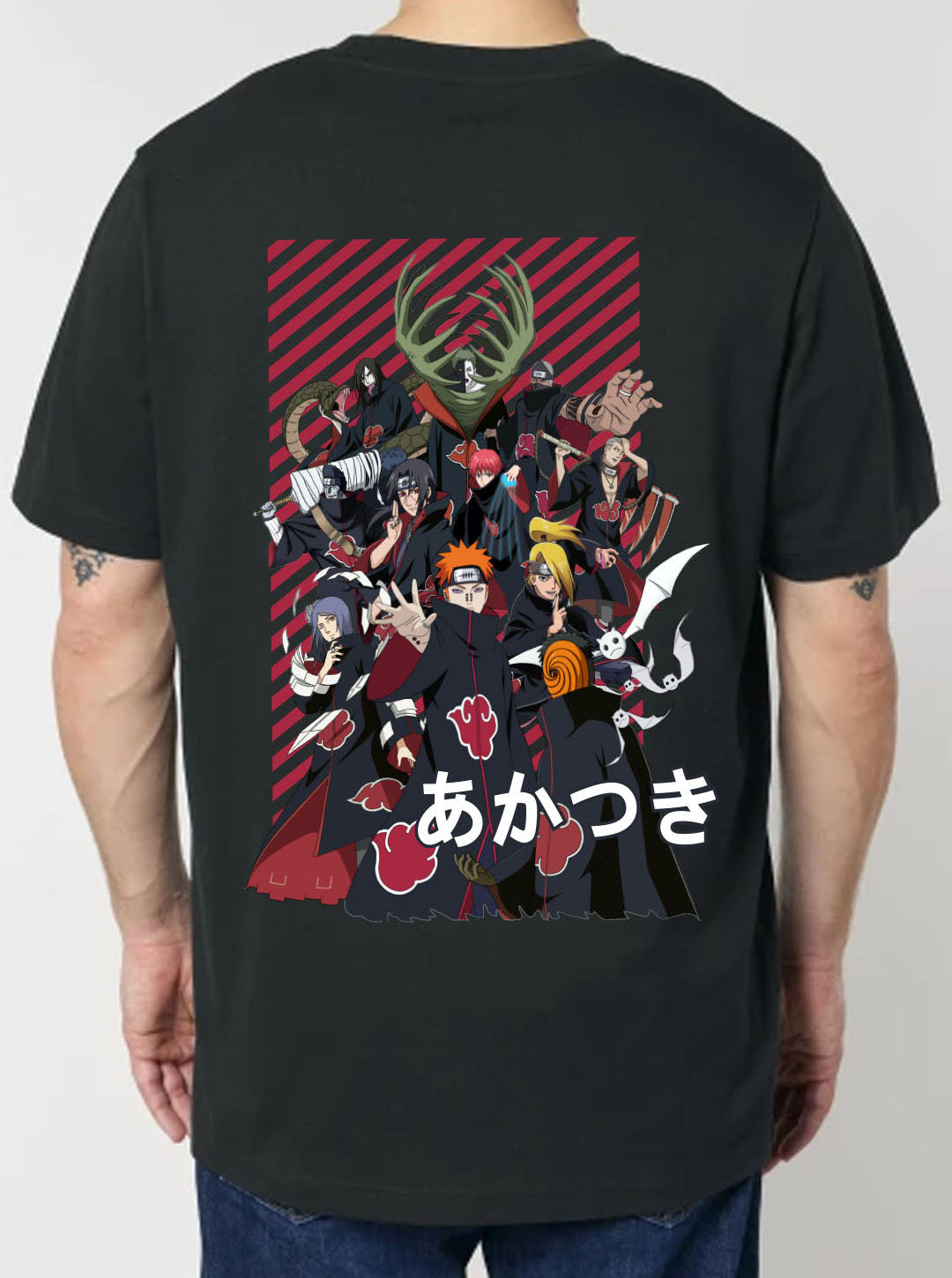 Black t-shirt featuring the Akatsuki group from Naruto prints in original colours on front and back, made from 100% organic breathable cotton, with a oversized fit when sized up.