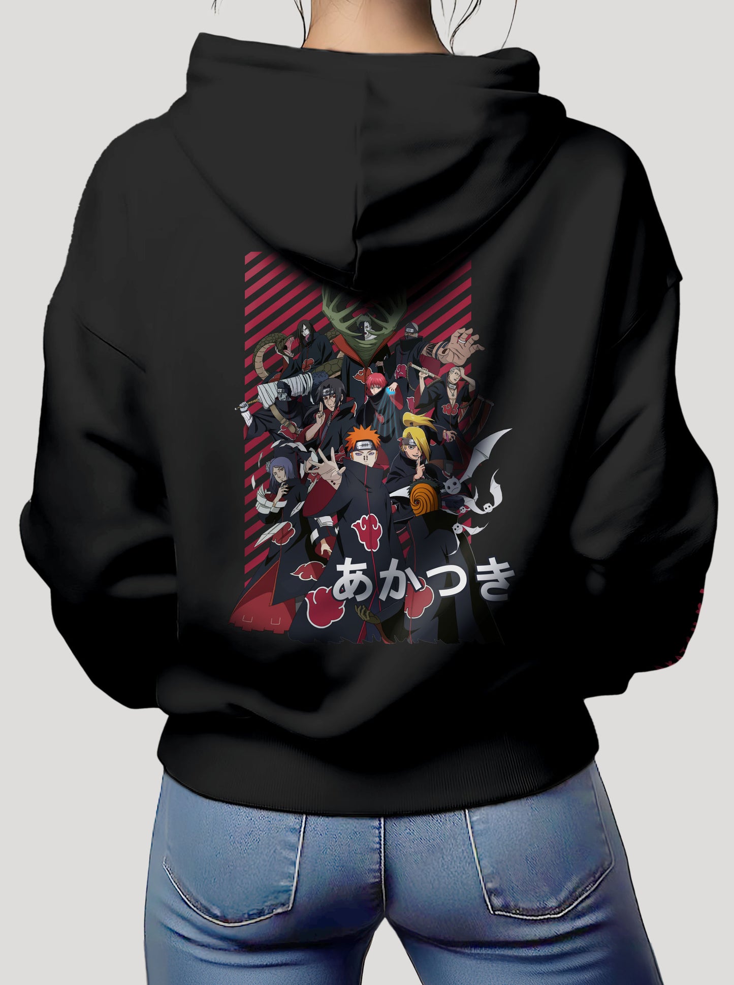 Black hoodie featuring the Akatsuki group from Naruto prints in original colours on front and back, made from 100% organic breathable cotton, with a oversized fit when sized up.
