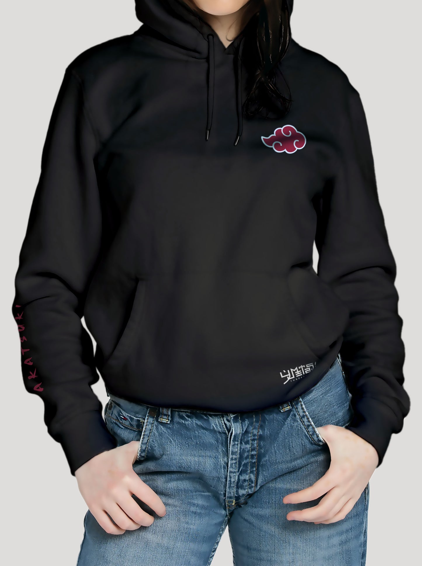Black hoodie featuring the Akatsuki group from Naruto prints in original colours on front and back, made from 100% organic breathable cotton, with a oversized fit when sized up.