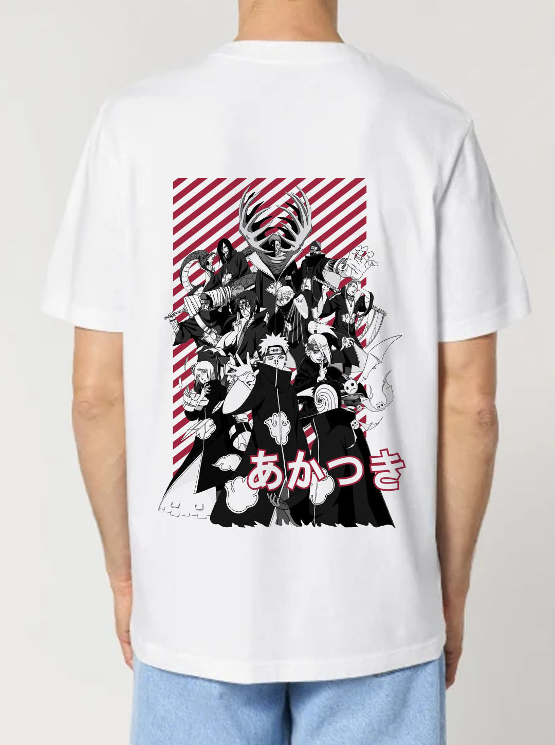 White t-shirt featuring the Akatsuki group from Naruto prints in red and white colours on front and back, made from 100% organic breathable cotton, with an oversized fit when sized up.