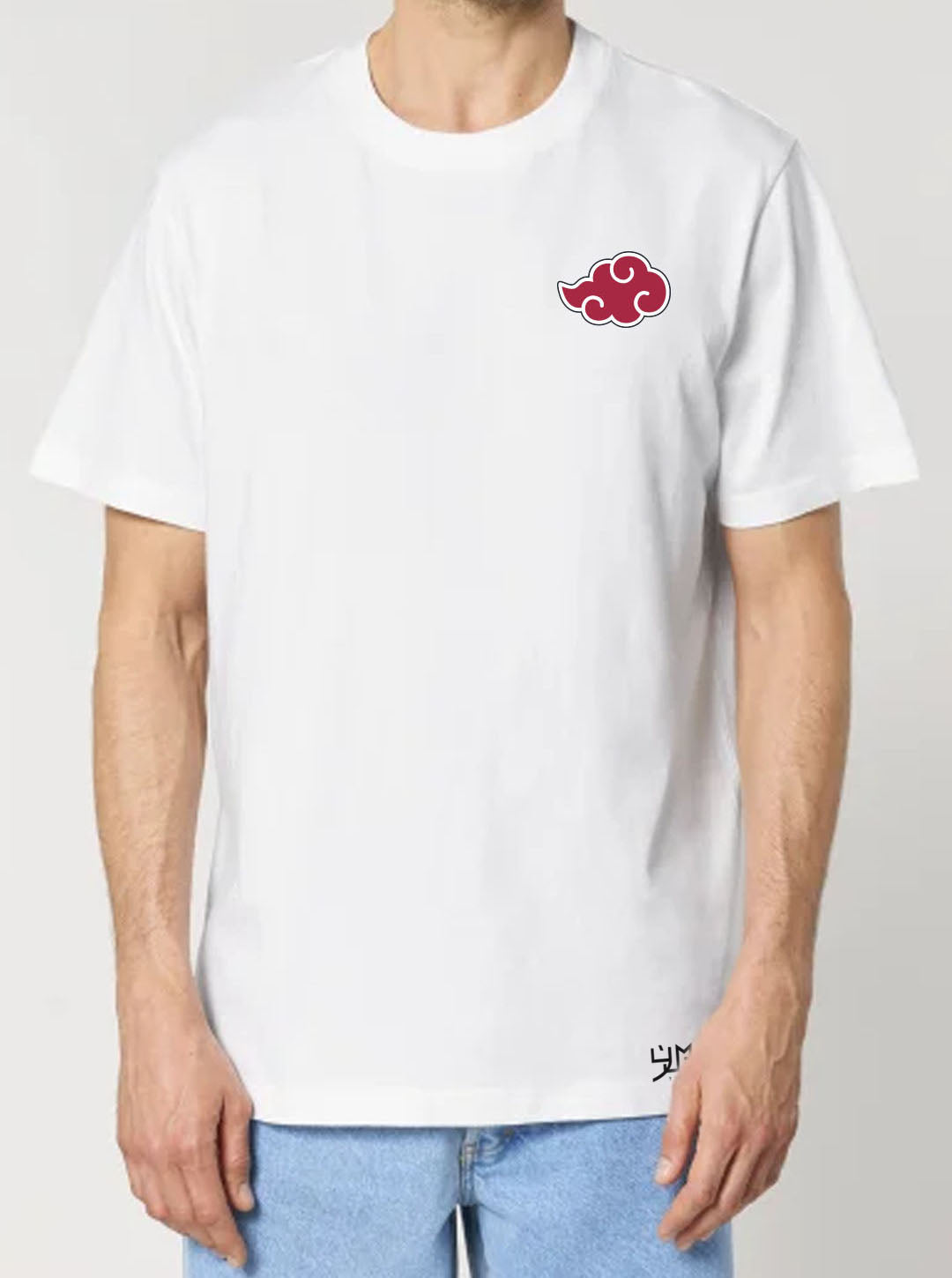 White t-shirt featuring the Akatsuki group from Naruto prints in red and white colours on front and back, made from 100% organic breathable cotton, with an oversized fit when sized up.