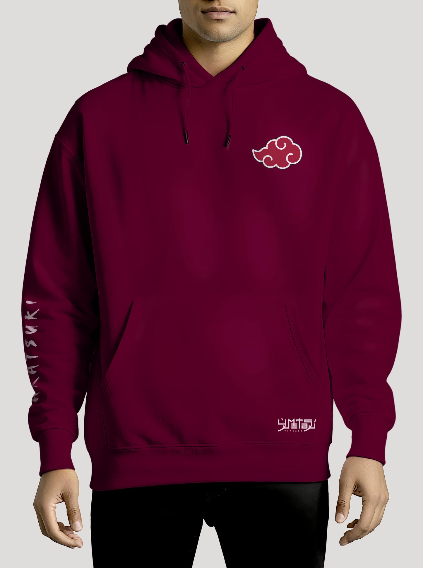 Burgundy hoodie featuring the Akatsuki group from Naruto prints in black and white colours on front and back, made from 100% organic breathable cotton, with an oversized fit when sized up.