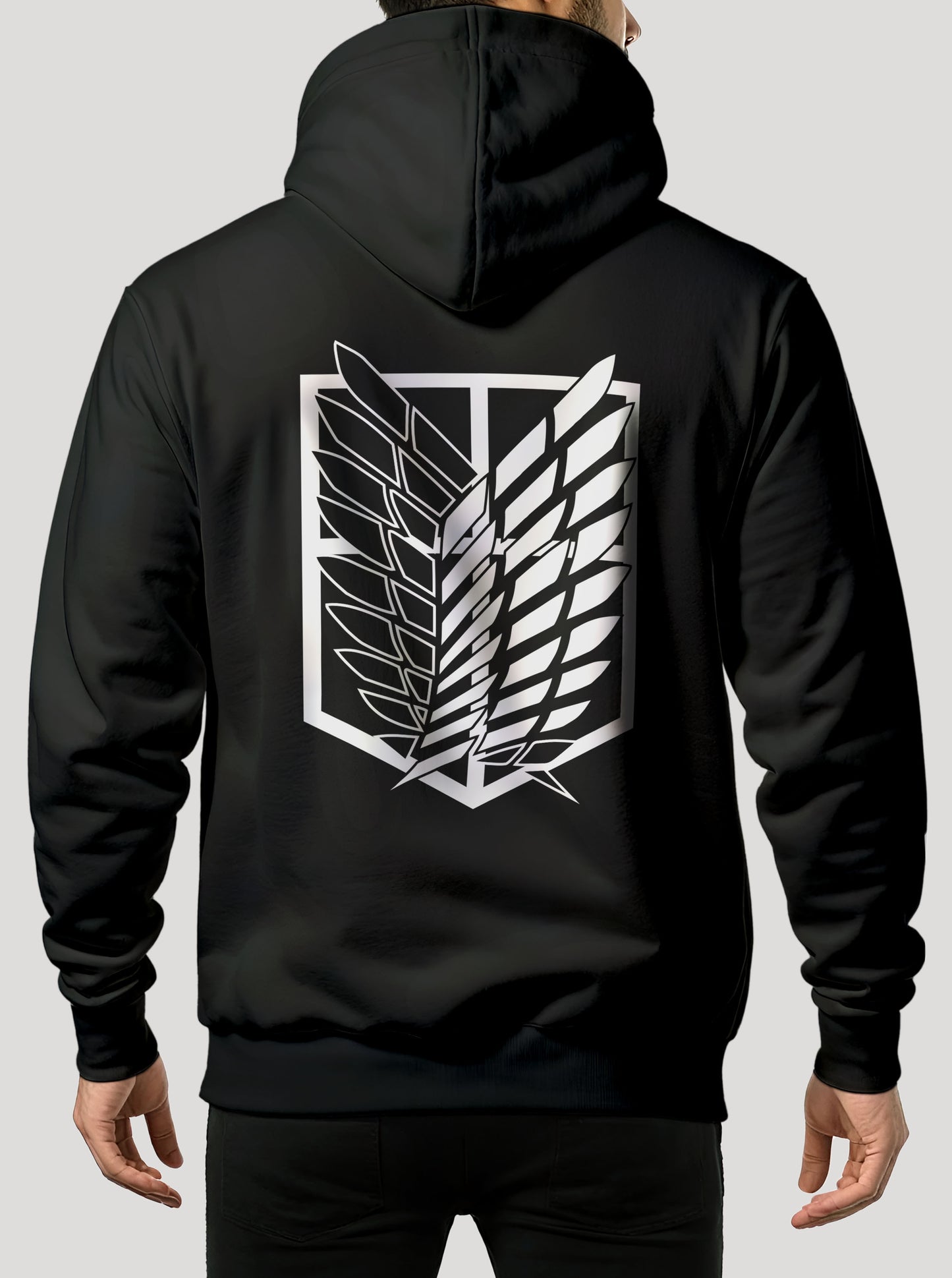 Black hoodie featuring Eren and the Attack Titan prints in white on front and back, made from 100% organic breathable cotton, with an oversized fit when sized up.