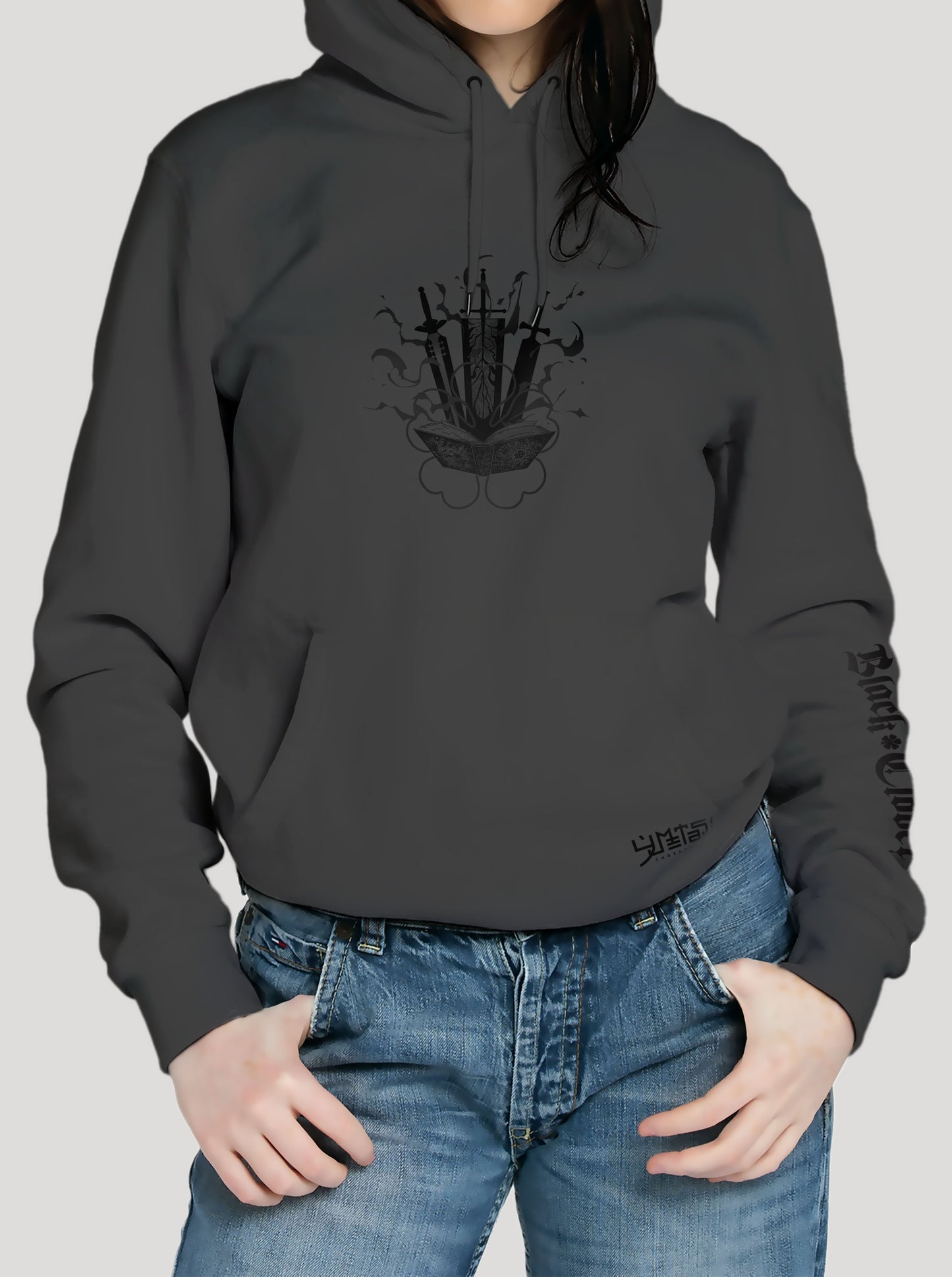 Dark grey hoodie featuring Asta the anime character prints in black and grey on front and back, made from 100% organic breathable cotton, with an oversized fit when sized up.