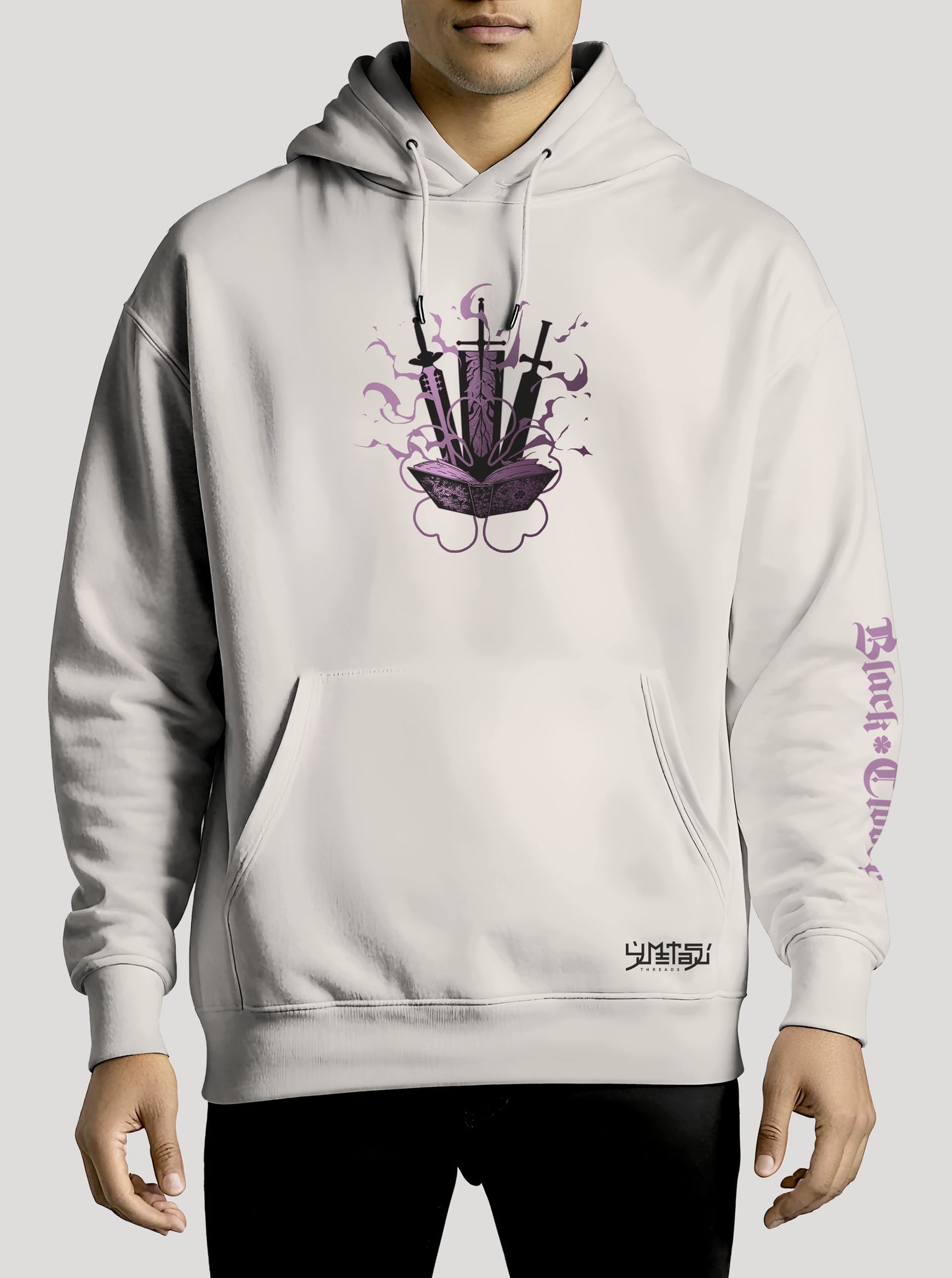 Off White hoodie featuring Asta the anime character prints in black and purple on front and back, made from 100% organic breathable cotton, with an oversized fit when sized up.