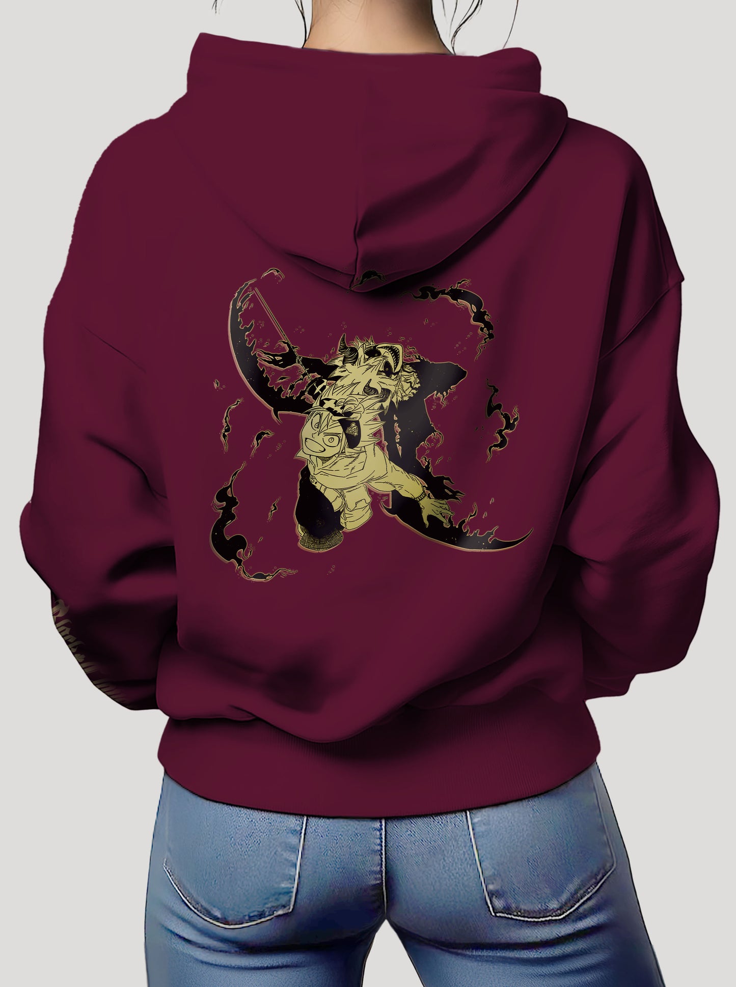 Burgundy hoodie featuring Asta the anime character prints in black and yellow on front and back, made from 100% organic breathable cotton, with an oversized fit when sized up.