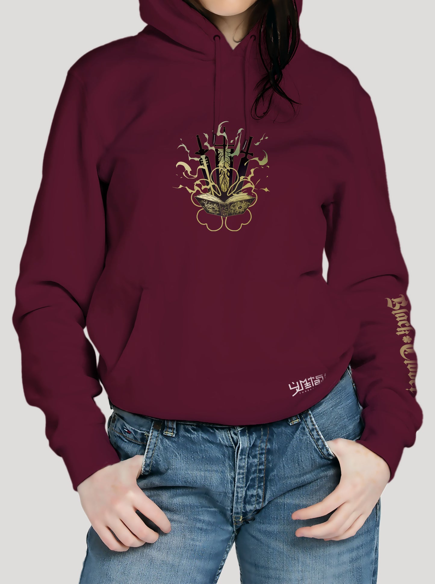 Burgundy hoodie featuring Asta the anime character prints in black and yellow on front and back, made from 100% organic breathable cotton, with an oversized fit when sized up.