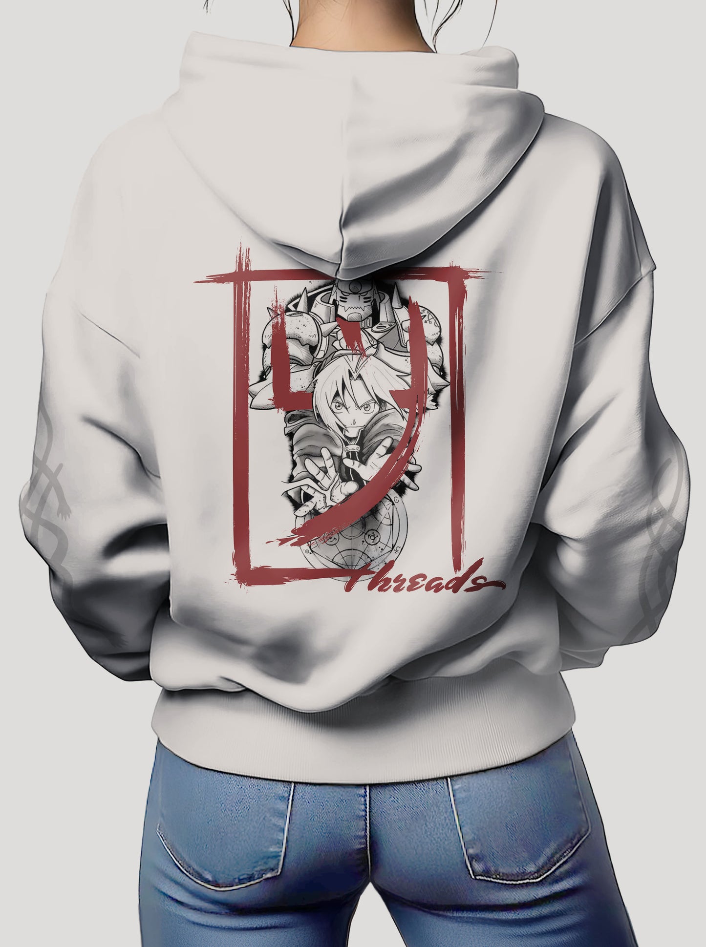 Off White hoodie featuring Elrick brothers prints in dark red and black on front and back, made from 100% organic breathable cotton, with an oversized fit when sized up.