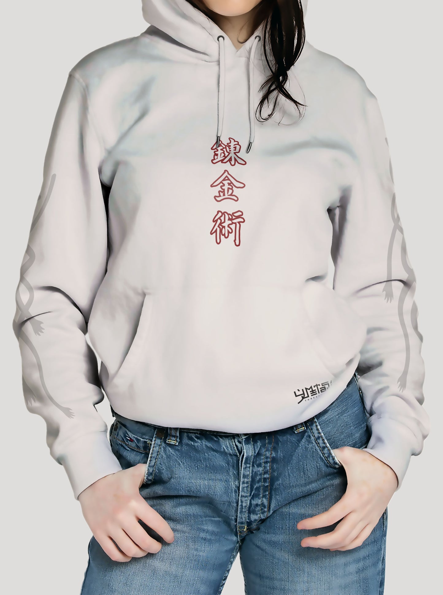 Off White hoodie featuring Elrick brothers prints in dark red and black on front and back, made from 100% organic breathable cotton, with an oversized fit when sized up.