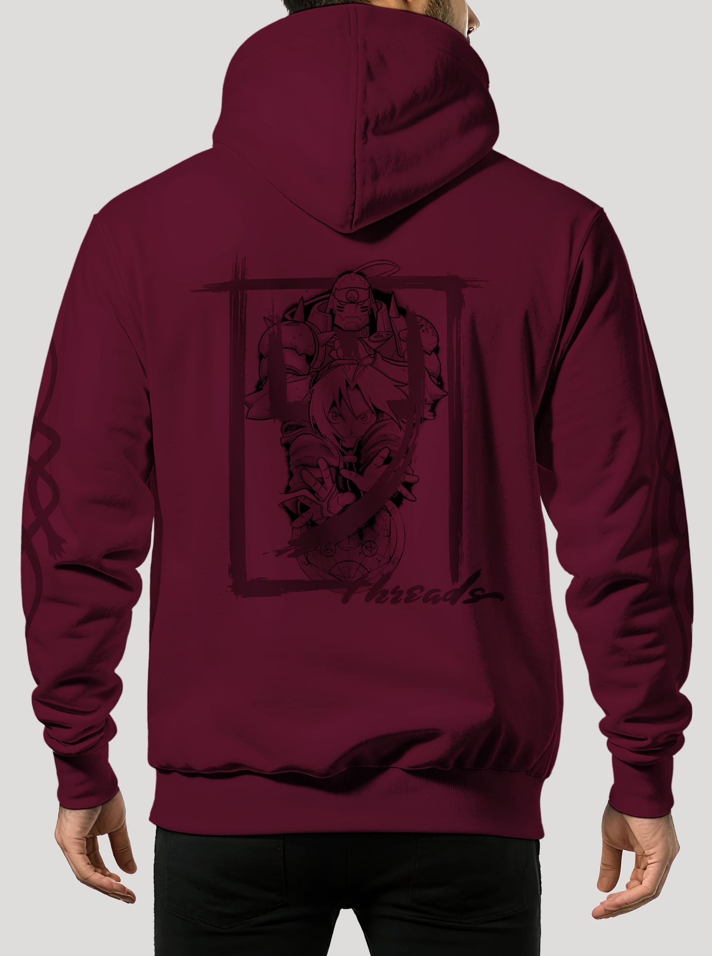 Burgundy hoodie featuring Elrick brothers prints in dark red on front and back, made from 100% organic breathable cotton, with an oversized fit when sized up.