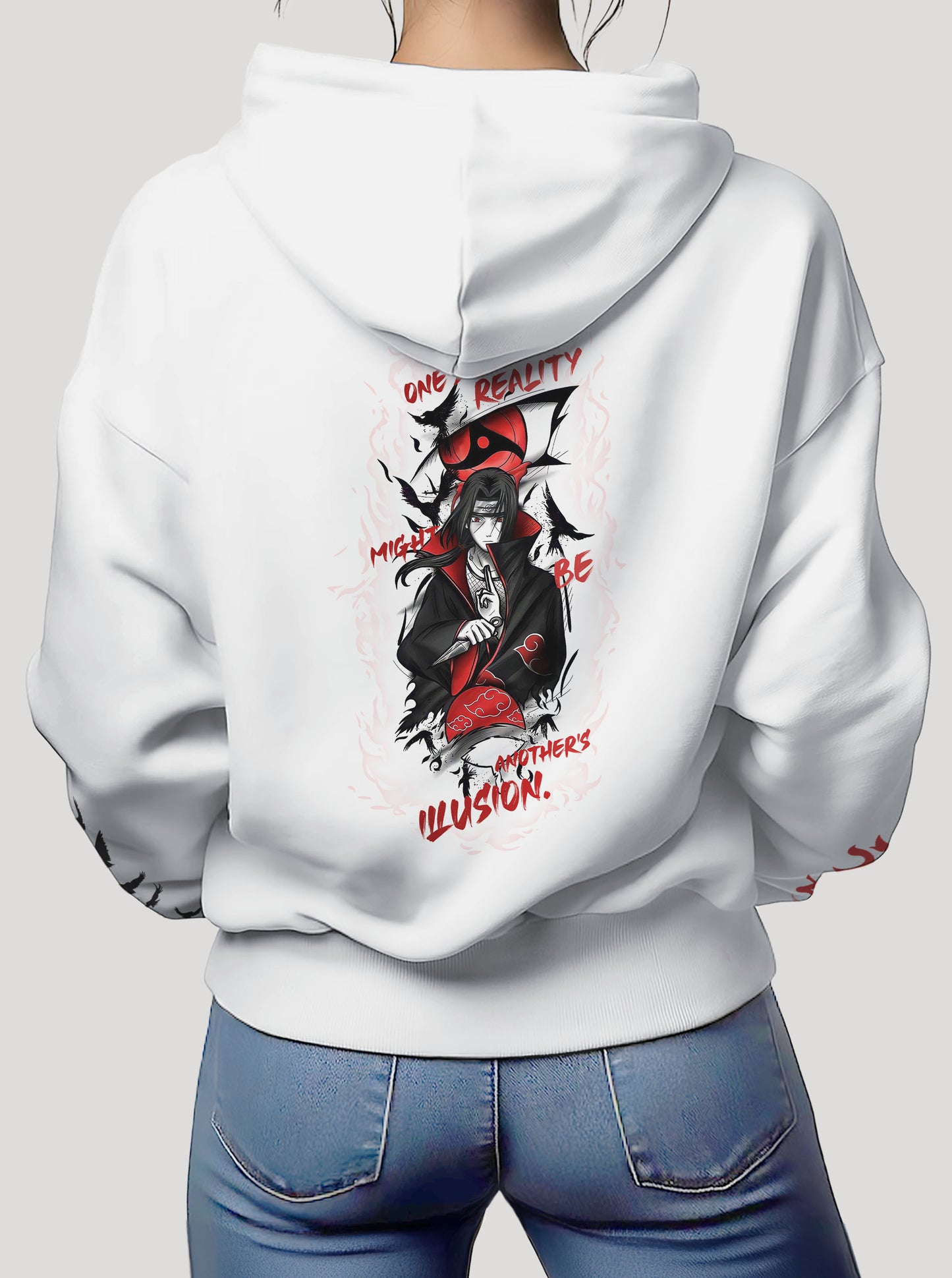 White hoodie featuring Itachi prints in red and black on front and back, made from 100% organic breathable cotton, with an oversized fit when sized up.