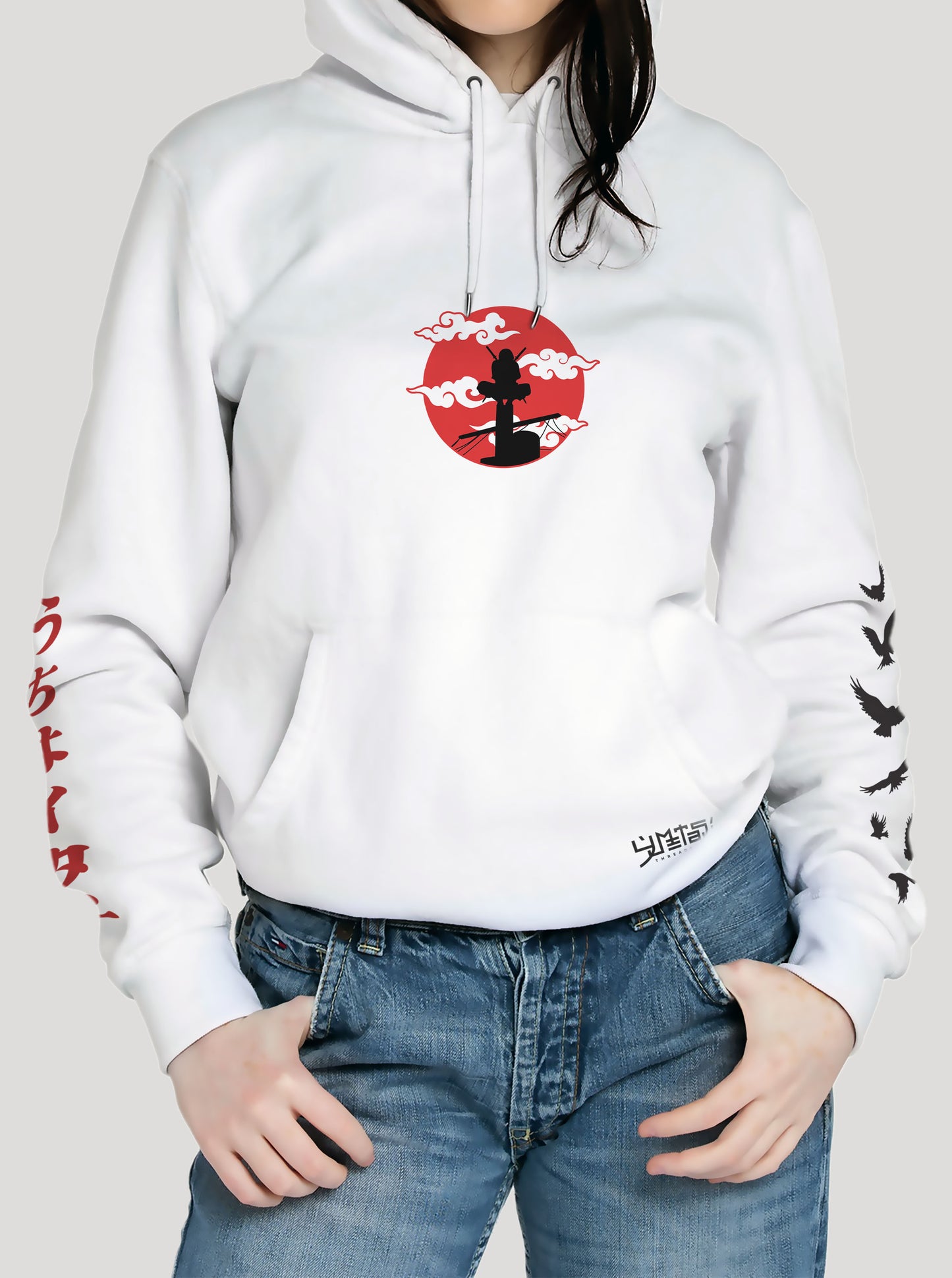 White hoodie featuring Itachi prints in red and black on front and back, made from 100% organic breathable cotton, with an oversized fit when sized up.