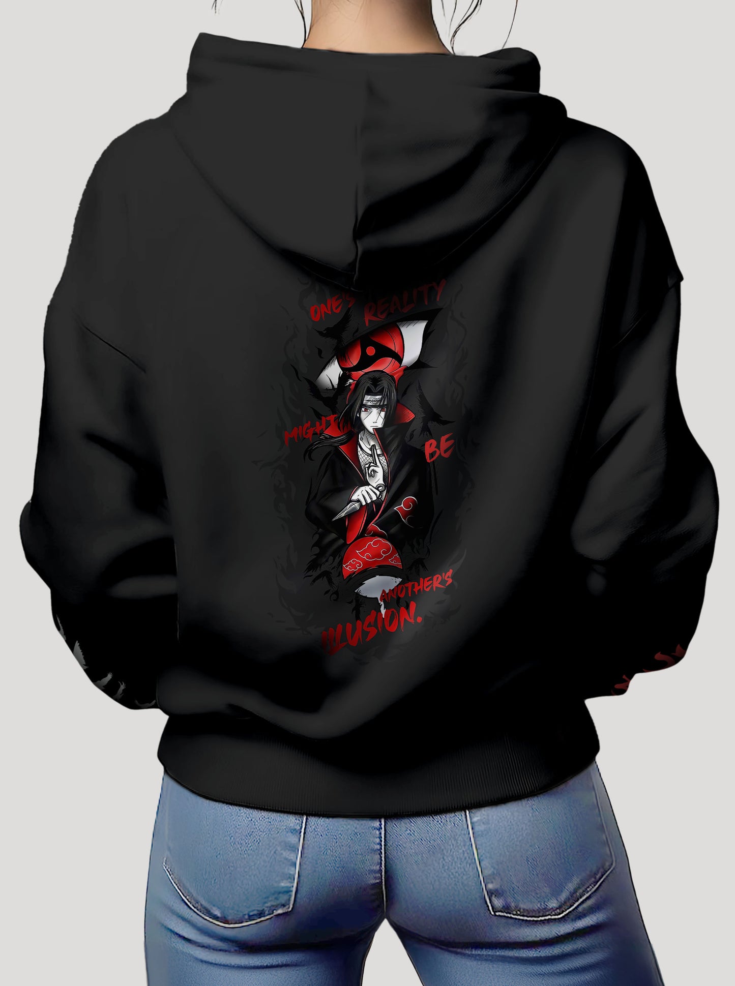 Black hoodie featuring Itachi prints in red and black on front and back, made from 100% organic breathable cotton, with an oversized fit when sized up.