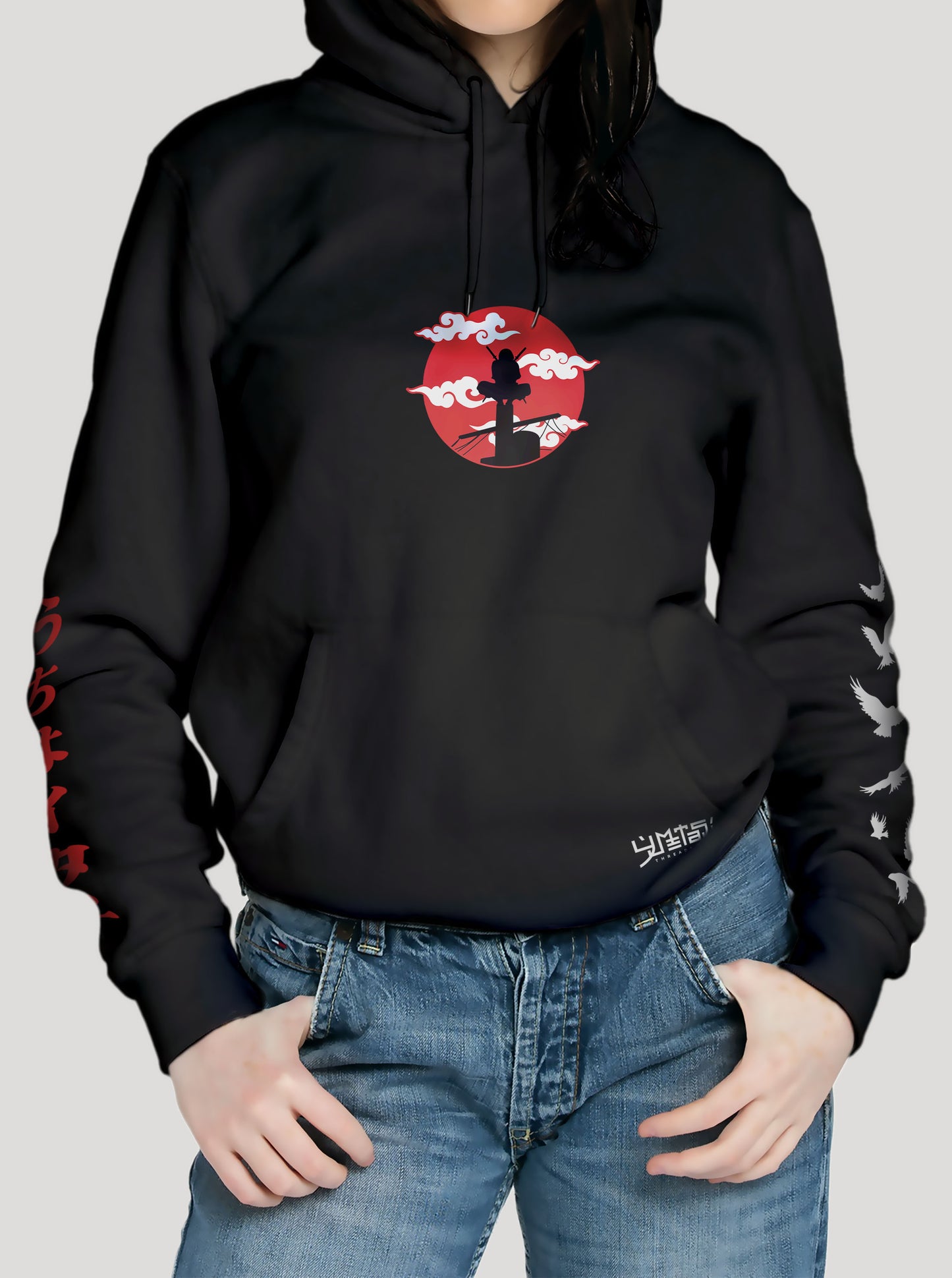 Black hoodie featuring Itachi prints in red and black on front and back, made from 100% organic breathable cotton, with an oversized fit when sized up.