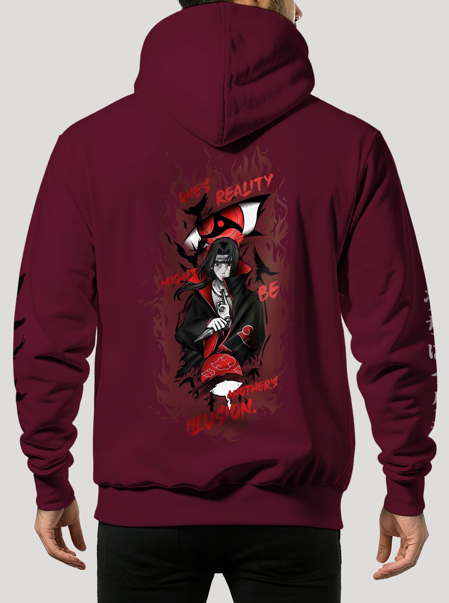 Burgundy hoodie featuring Itachi prints in red and black on front and back, made from 100% organic breathable cotton, with an oversized fit when sized up.