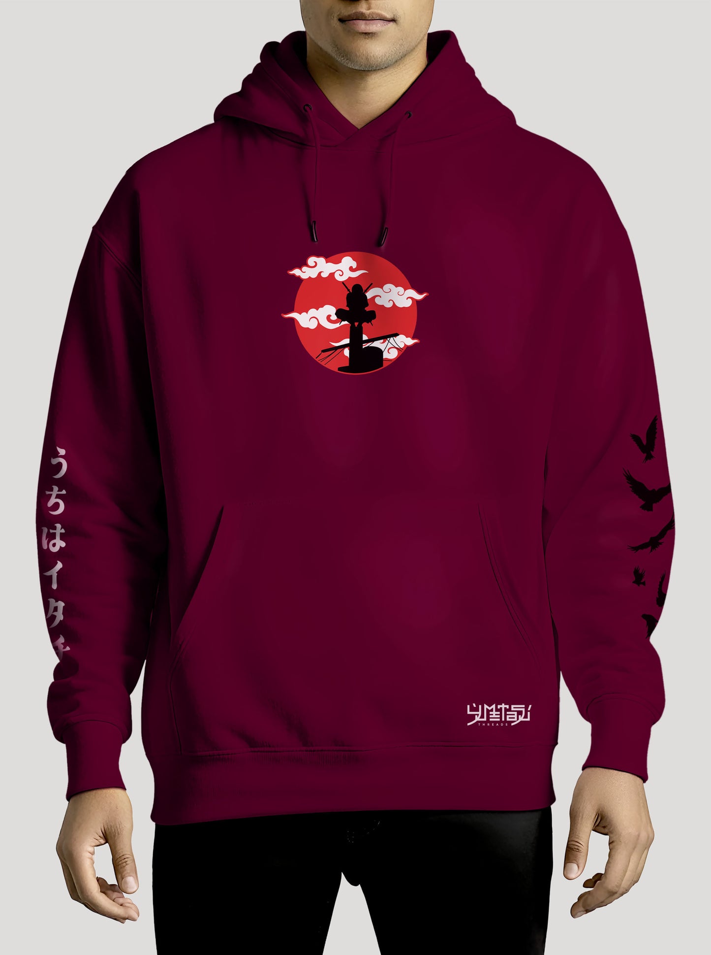 Burgundy hoodie featuring Itachi prints in red and black on front and back, made from 100% organic breathable cotton, with an oversized fit when sized up.