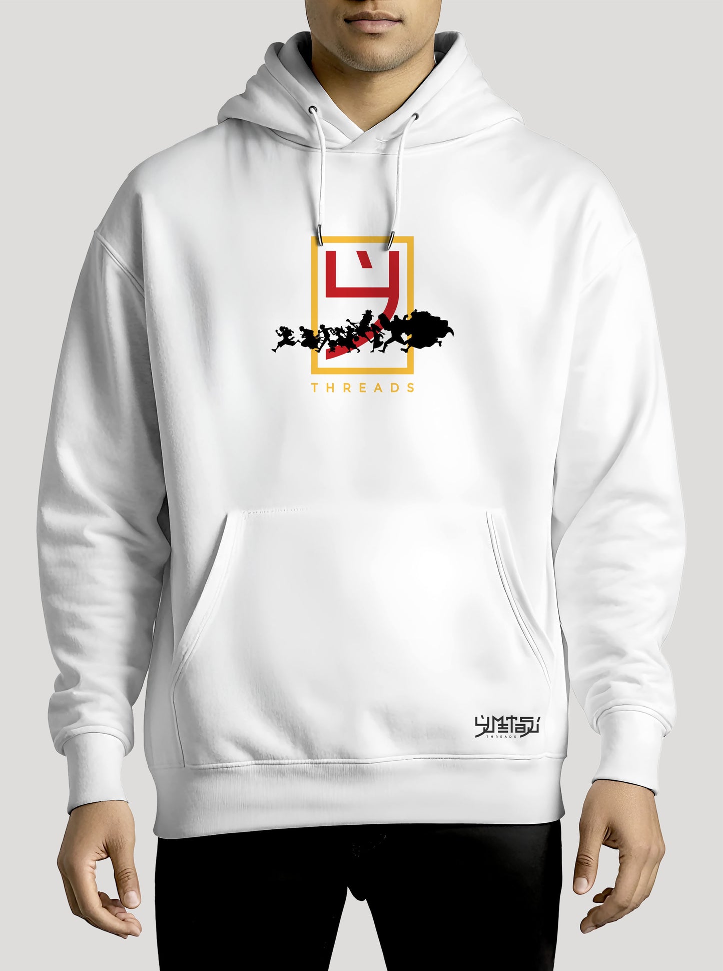 White hoodie featuring One Piece Logo and the crew prints in original colours on front and back, made from 100% organic breathable cotton, with an oversized fit when sized up.