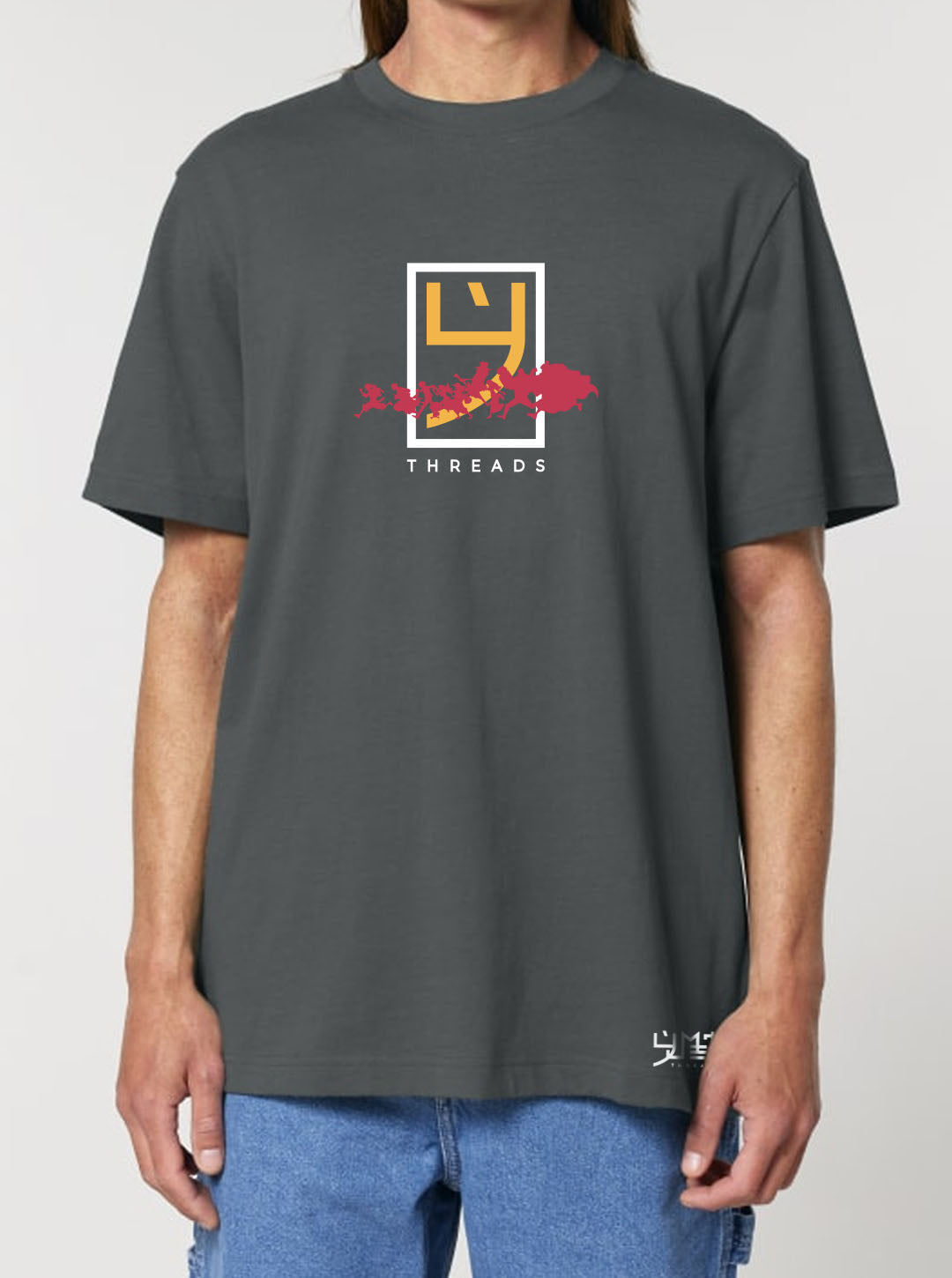 Anthracite t-shirt featuring One Piece Logo and the crew prints in original colours on front and back, made from 100% organic breathable cotton, with an oversized fit when sized up.