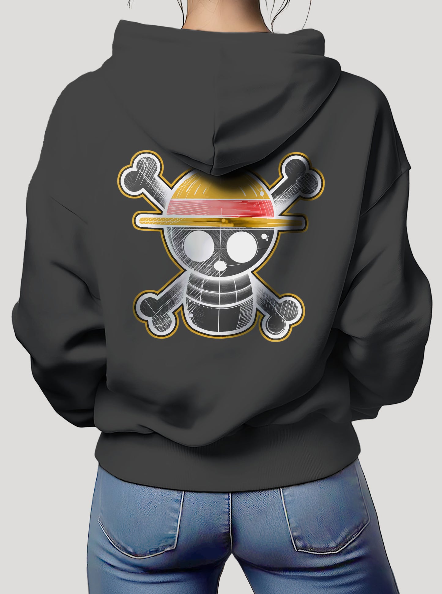 Dark Grey hoodie featuring One Piece Logo and the crew prints in original colours on front and back, made from 100% organic breathable cotton, with an oversized fit when sized up.