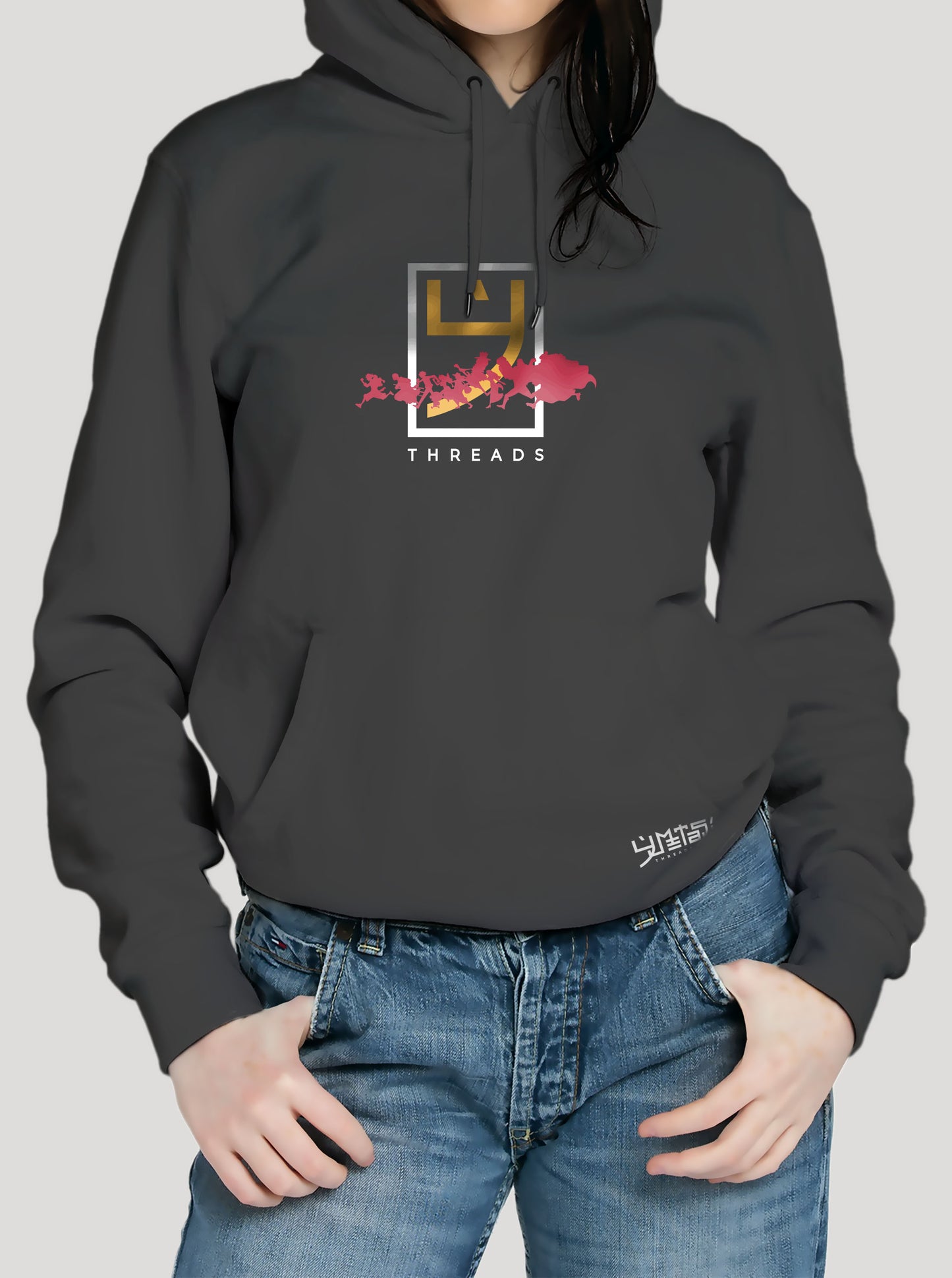 Dark Grey hoodie featuring One Piece Logo and the crew prints in original colours on front and back, made from 100% organic breathable cotton, with an oversized fit when sized up.