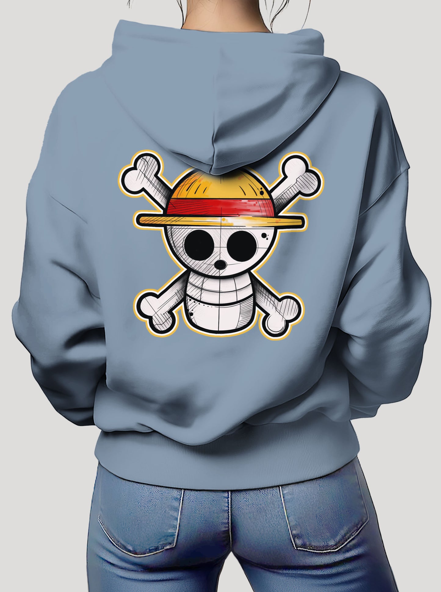 Blue hoodie featuring One Piece Logo and the crew prints in original colours on front and back, made from 100% organic breathable cotton, with an oversized fit when sized up.