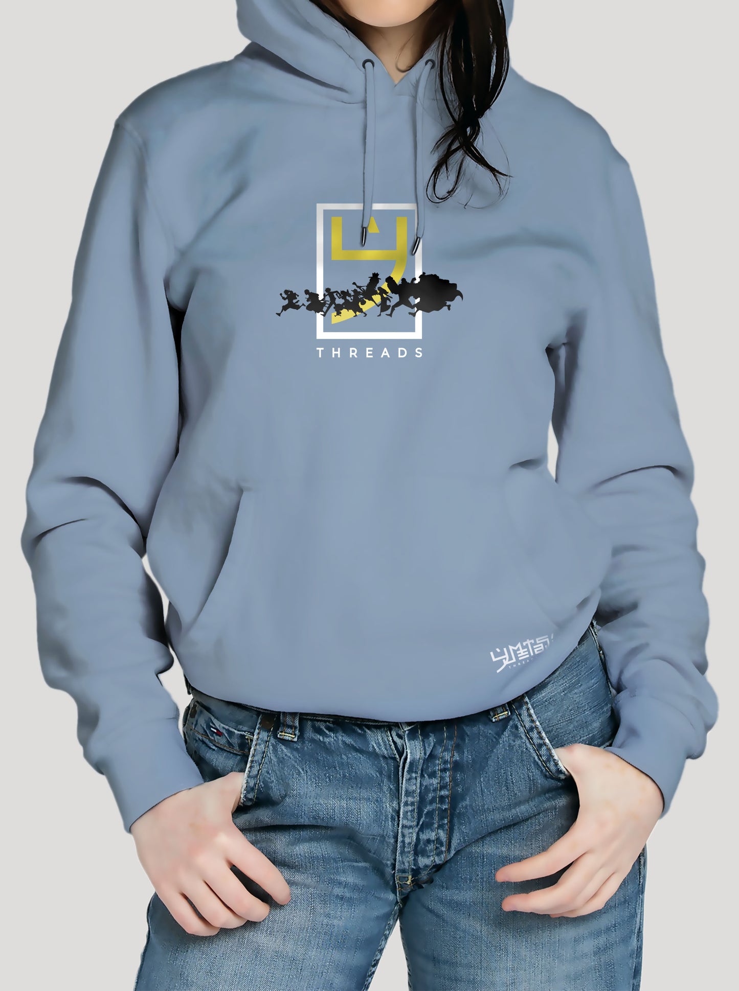 Blue hoodie featuring One Piece Logo and the crew prints in original colours on front and back, made from 100% organic breathable cotton, with an oversized fit when sized up.