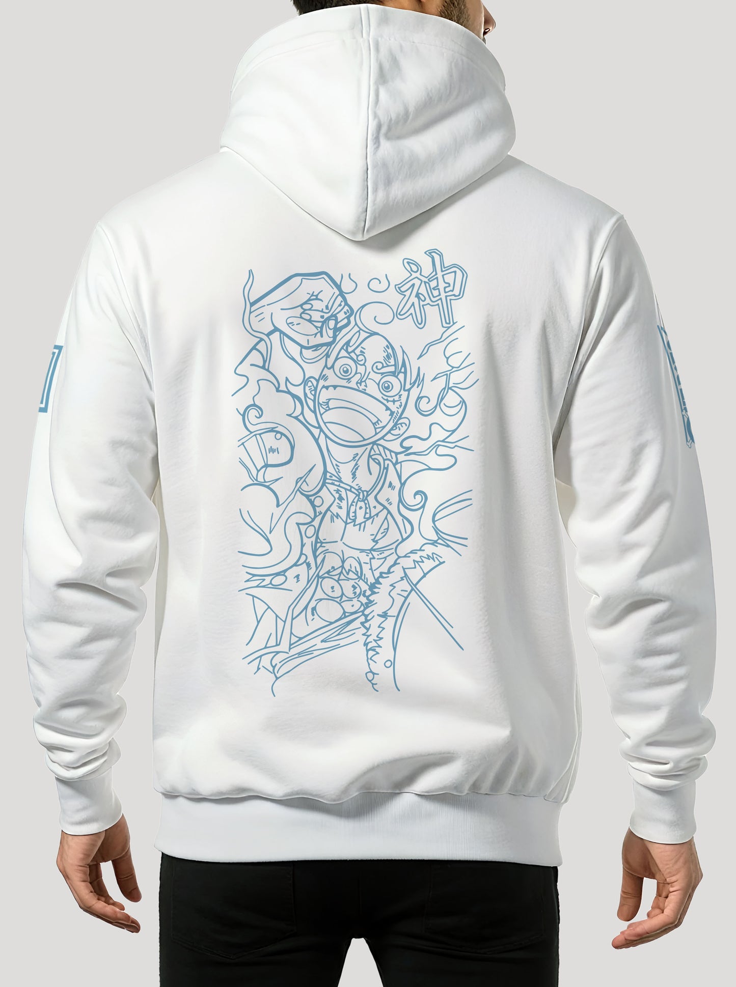 White hoodie featuring Luffy in Gear 5 prints in azure blue on front and back, made from 100% organic breathable cotton, with an oversized fit when sized up.