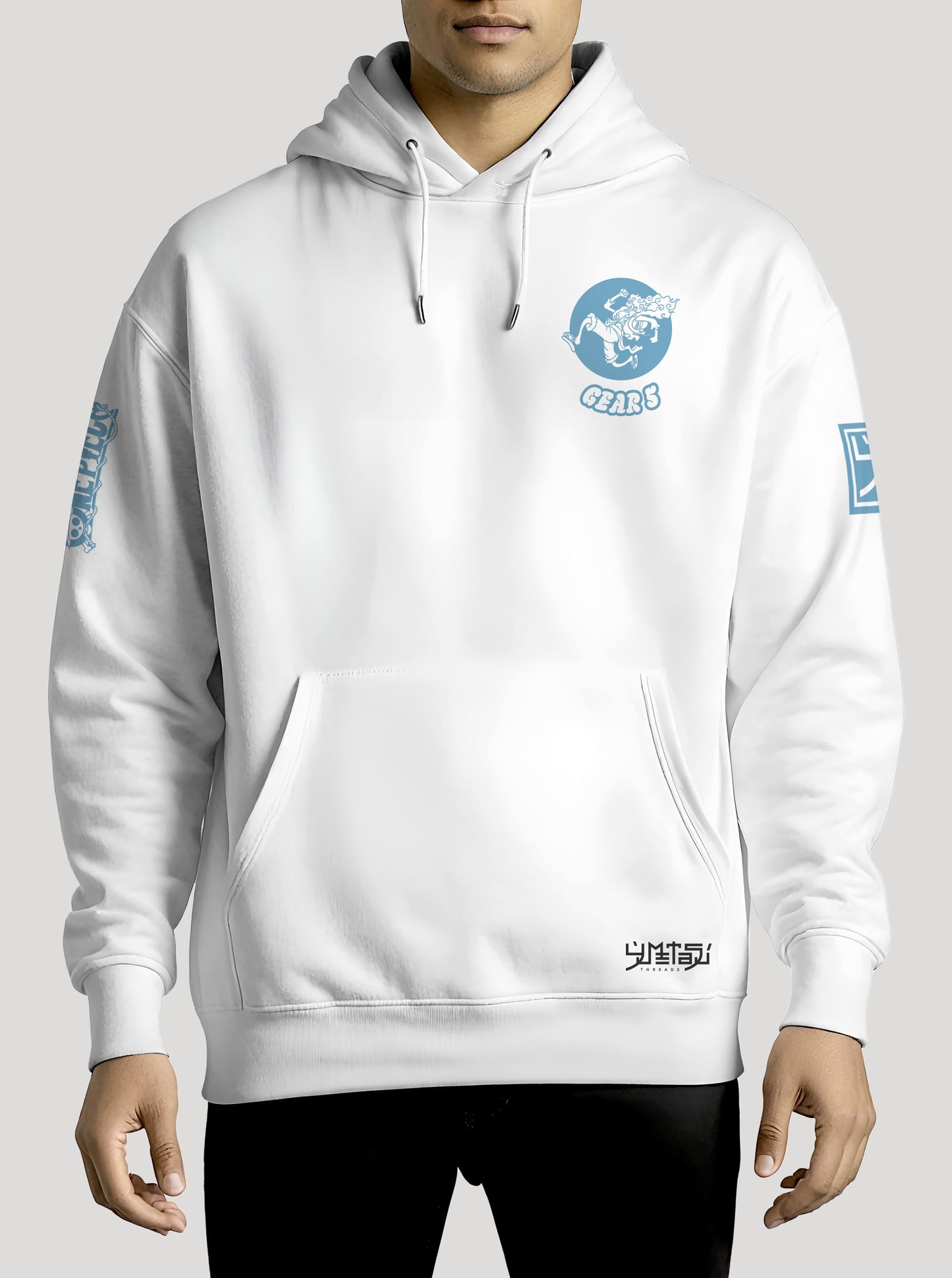 White hoodie featuring Luffy in Gear 5 prints in azure blue on front and back, made from 100% organic breathable cotton, with an oversized fit when sized up.