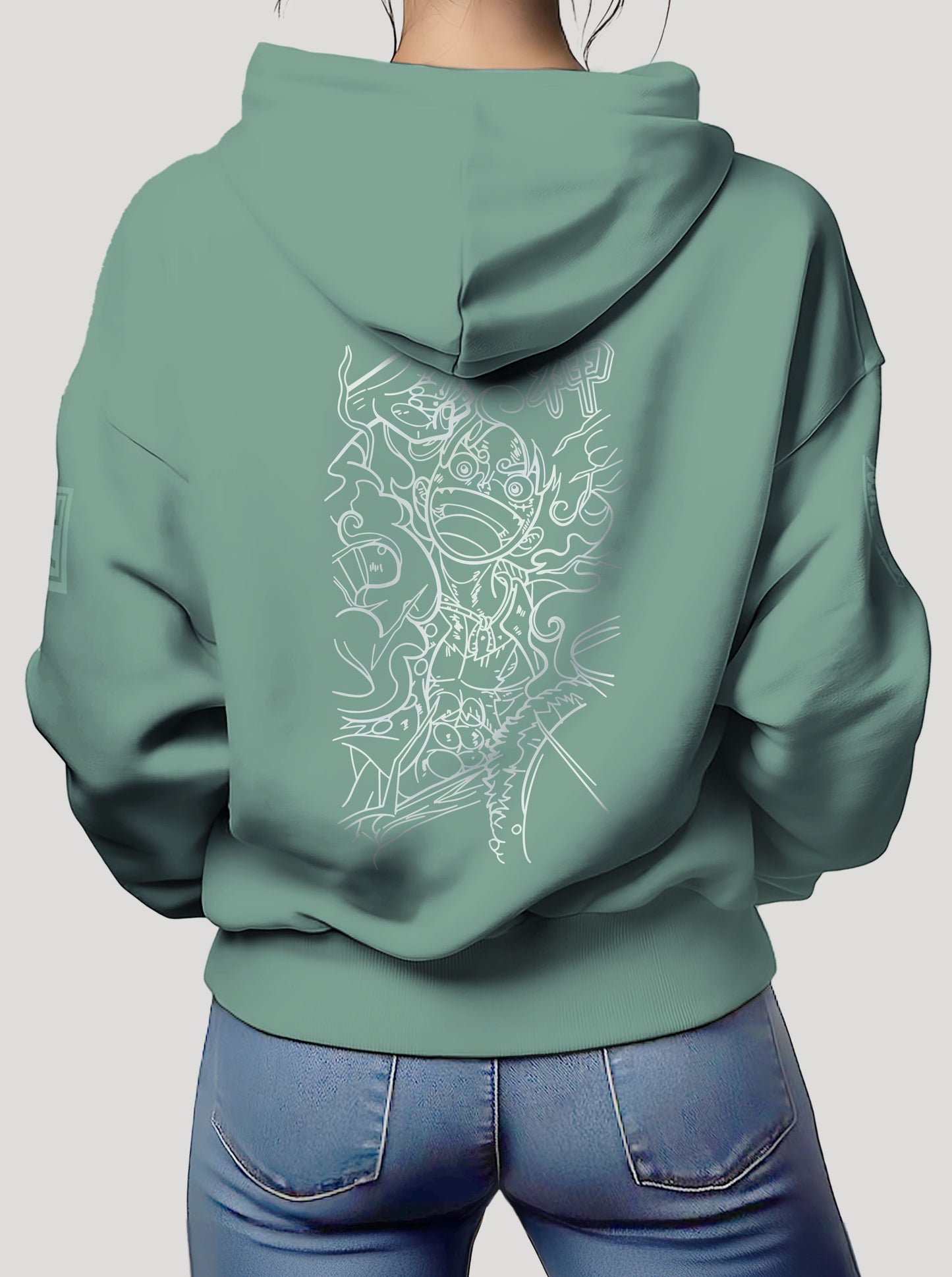 Green hoodie featuring Luffy in Gear 5 prints in white on front and back, made from 100% organic breathable cotton, with an oversized fit when sized up.