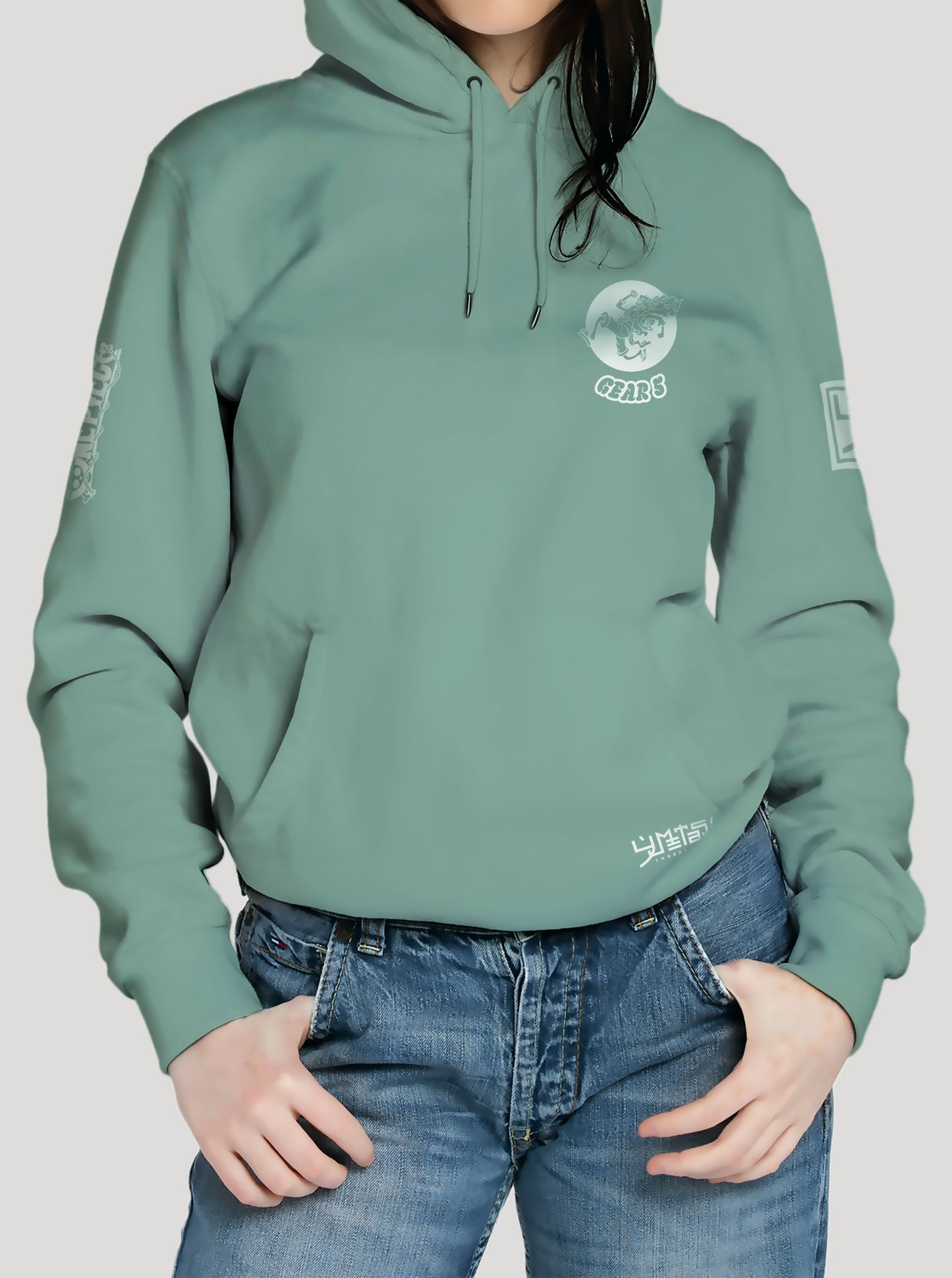 Green hoodie featuring Luffy in Gear 5 prints in white on front and back, made from 100% organic breathable cotton, with an oversized fit when sized up.