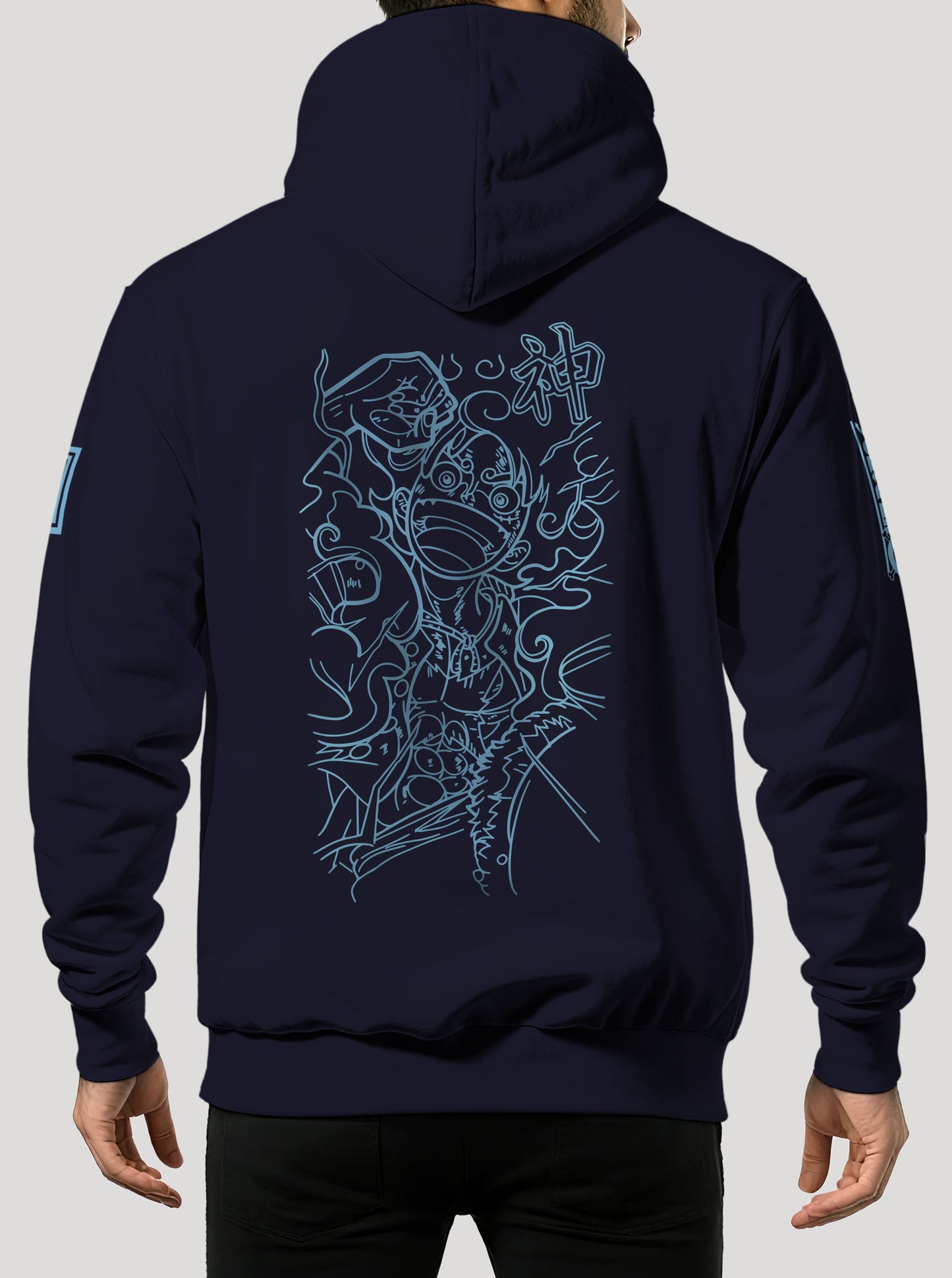 Navy hoodie featuring Luffy in Gear 5 prints in azure blue on front and back, made from 100% organic breathable cotton, with an oversized fit when sized up.