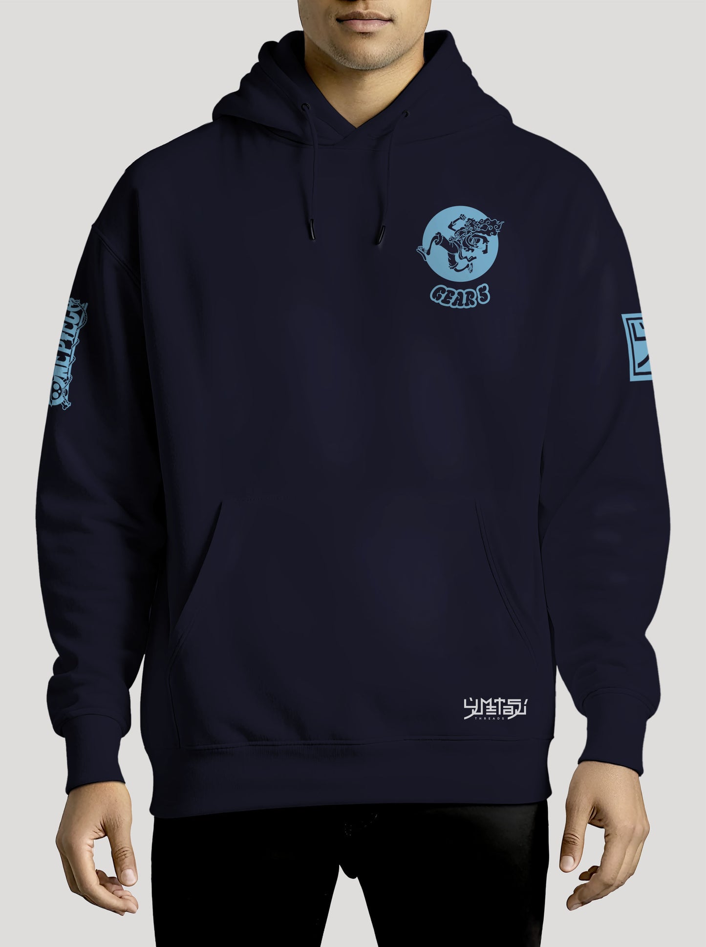 Navy hoodie featuring Luffy in Gear 5 prints in azure blue on front and back, made from 100% organic breathable cotton, with an oversized fit when sized up.