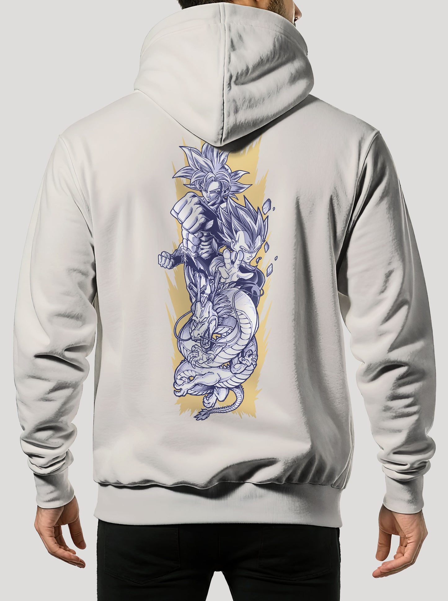 Off White hoodie featuring the Goku, Vegeta and Shenron prints in blue and yellow on front and back, made from 100% organic breathable cotton, with an oversized fit when sized up.