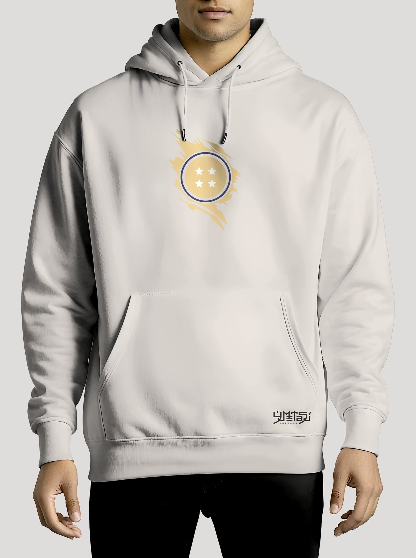 Off White hoodie featuring the Goku, Vegeta and Shenron prints in blue and yellow on front and back, made from 100% organic breathable cotton, with an oversized fit when sized up.