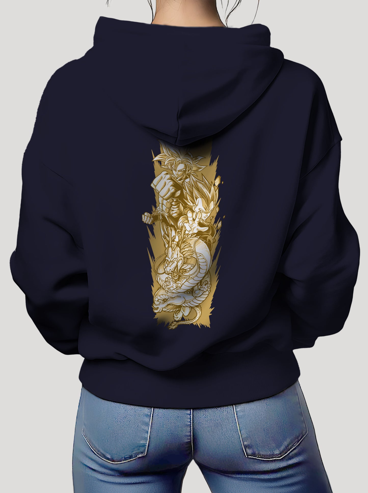 Navy hoodie featuring the Goku, Vegeta and Shenron prints in yellow and white on front and back, made from 100% organic breathable cotton, with an oversized fit when sized up.