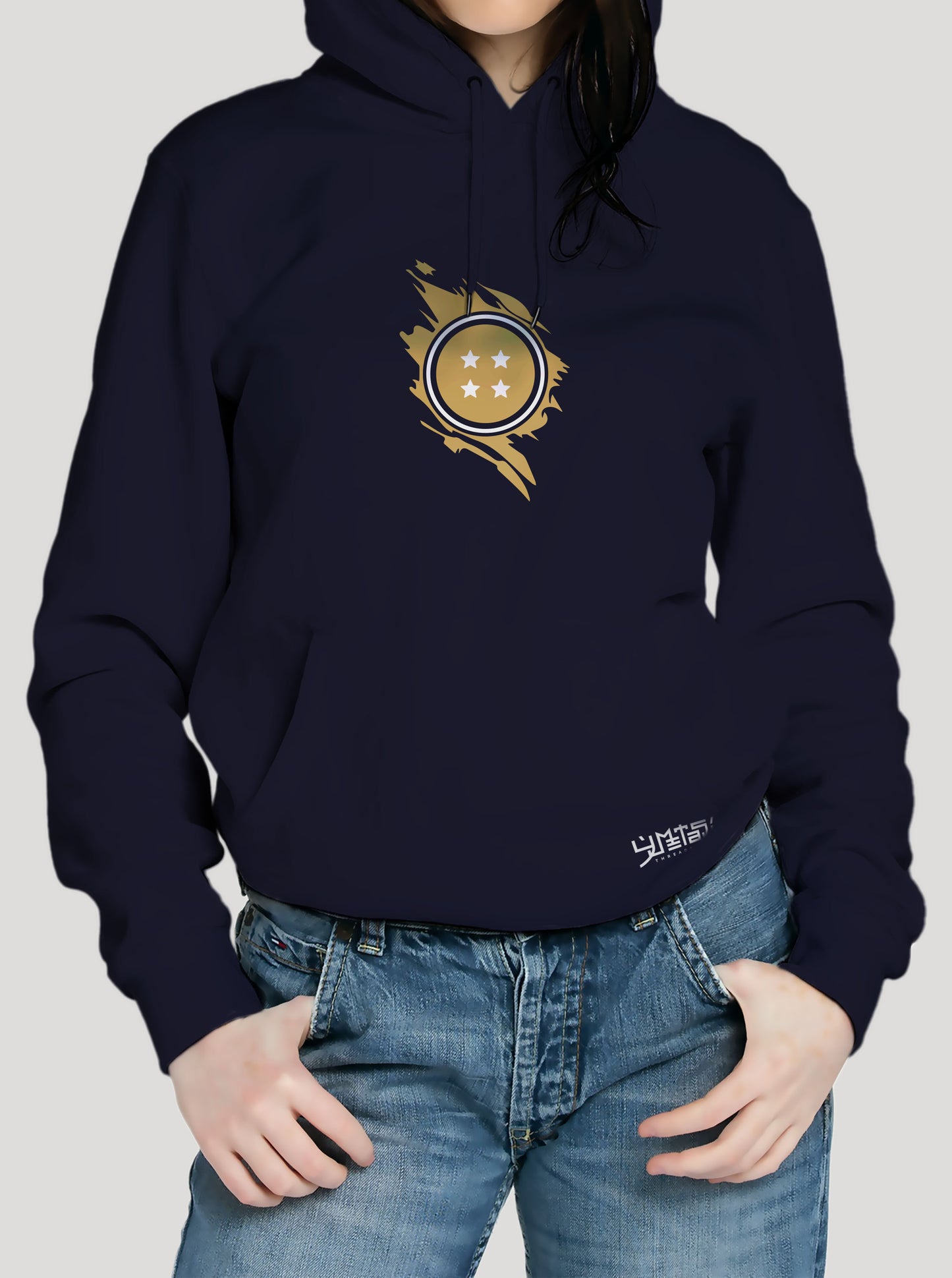 Navy hoodie featuring the Goku, Vegeta and Shenron prints in yellow and white on front and back, made from 100% organic breathable cotton, with an oversized fit when sized up.