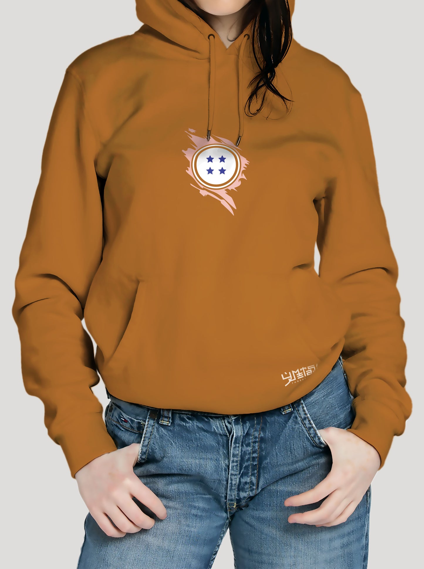 Orange hoodie featuring the Goku, Vegeta and Shenron prints in blue and white on front and back, made from 100% organic breathable cotton, with an oversized fit when sized up.
