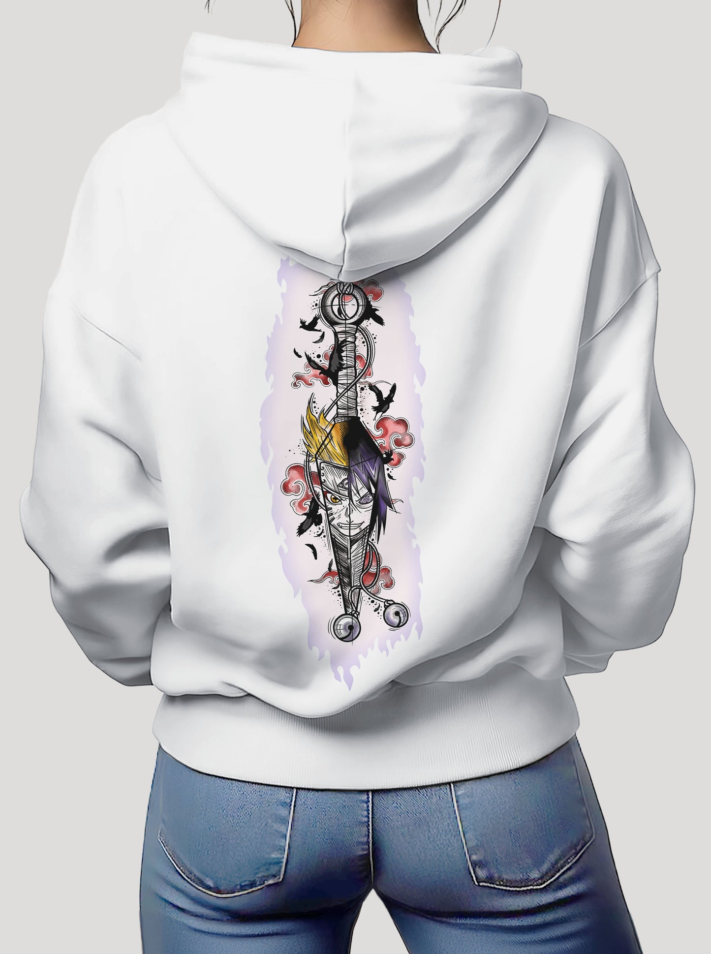 White hoodie featuring Naruto and Sasuke in a Kunai prints in original colours on front and back, made from 100% organic breathable cotton, with an oversized fit when sized up.