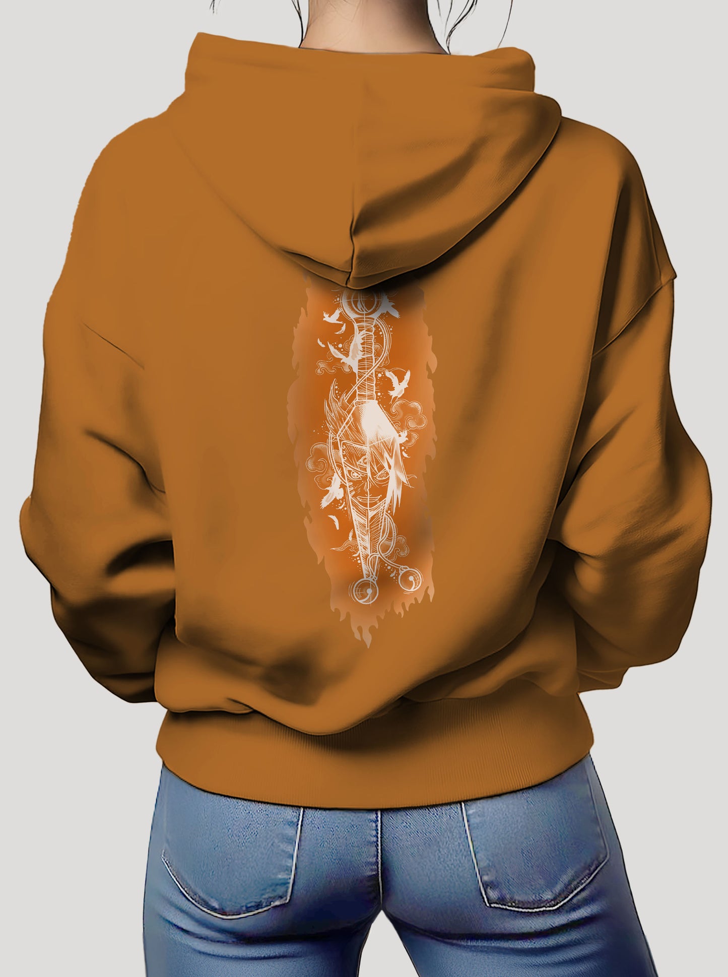 Orange hoodie featuring Naruto and Sasuke in a Kunai prints in white on front and back, made from 100% organic breathable cotton, with an oversized fit when sized up.