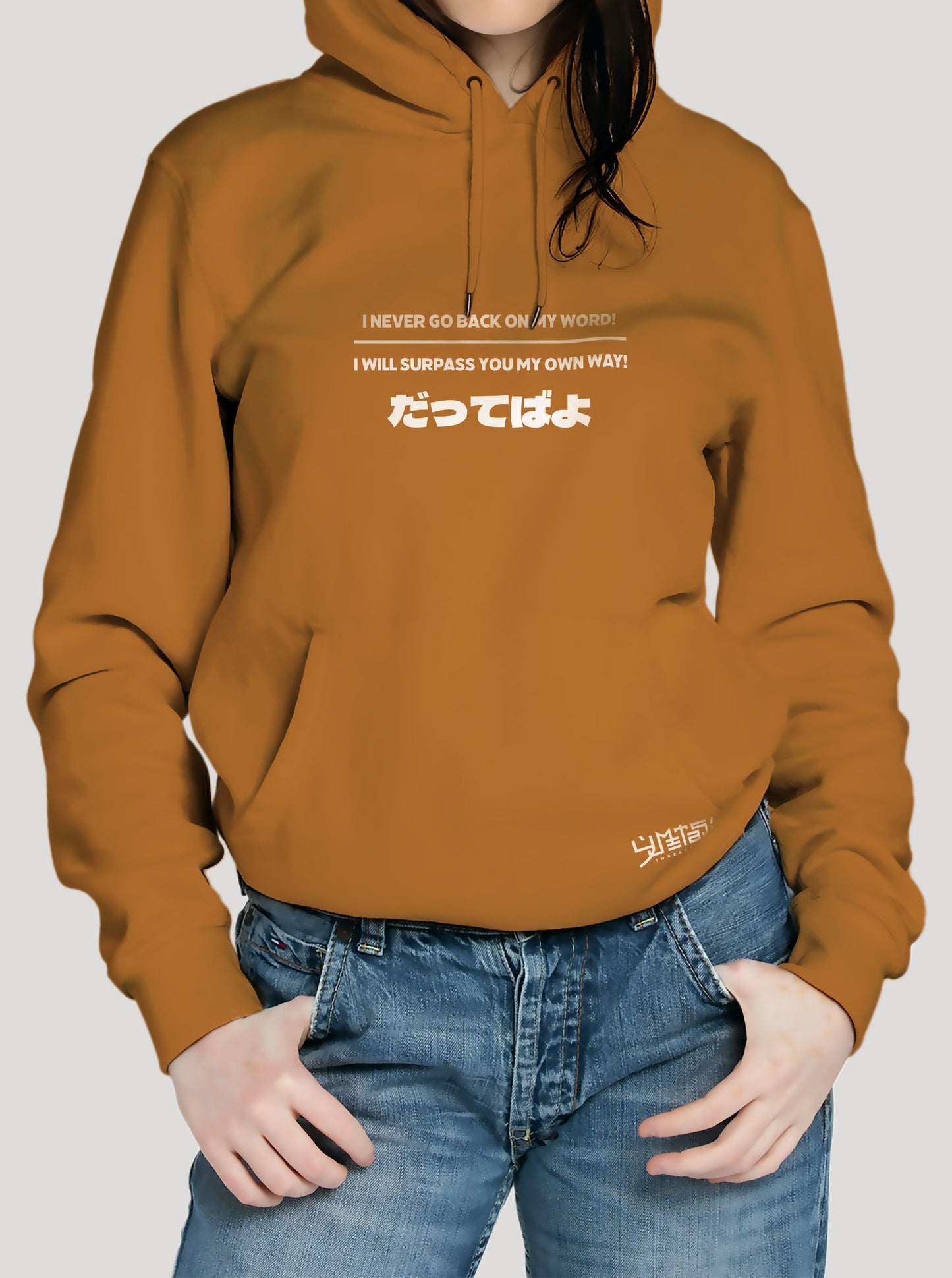 Orange hoodie featuring Naruto and Sasuke in a Kunai prints in white on front and back, made from 100% organic breathable cotton, with an oversized fit when sized up.