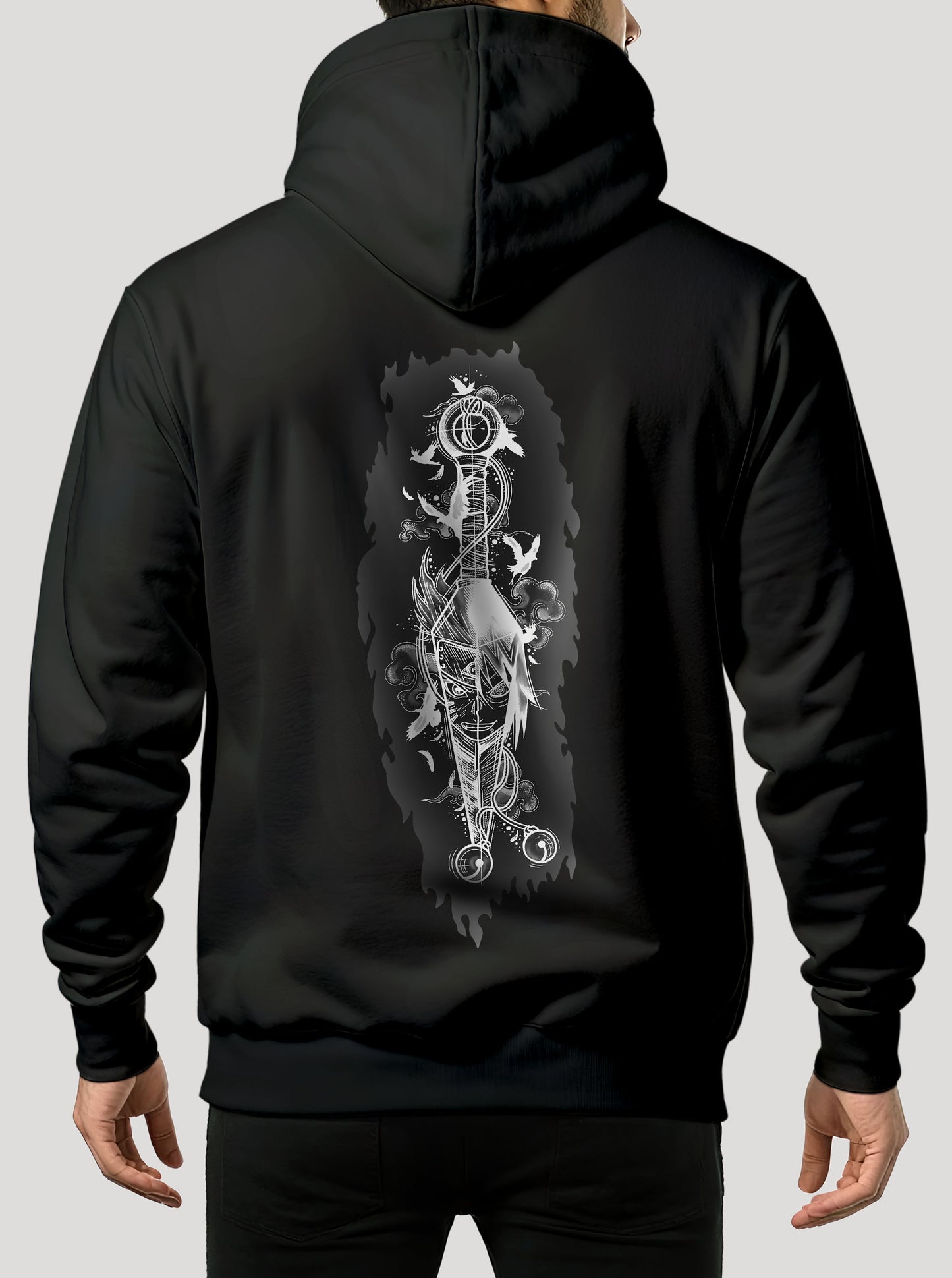 Black hoodie featuring Naruto and Sasuke in a Kunai prints in white on front and back, made from 100% organic breathable cotton, with an oversized fit when sized up.