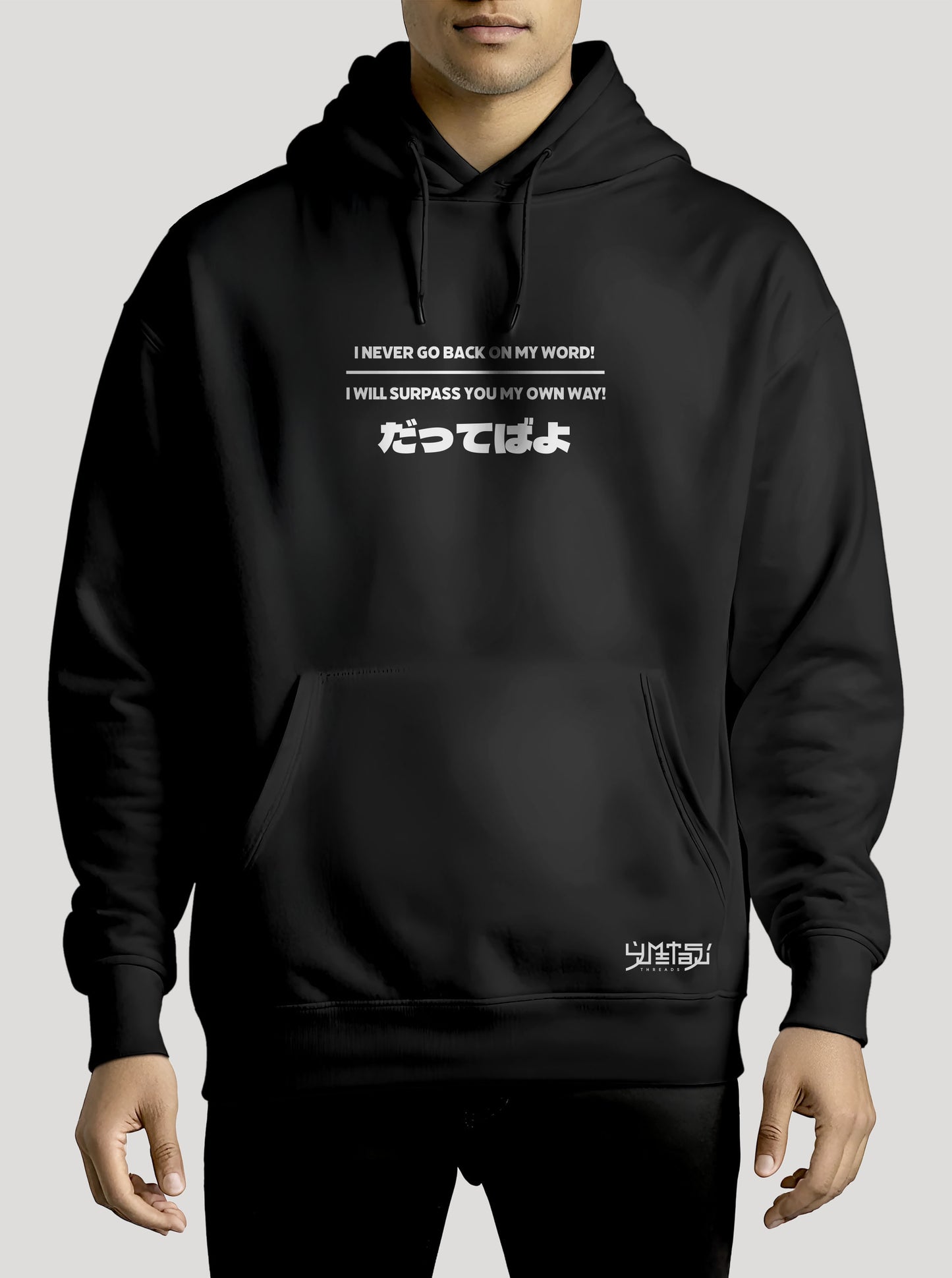 Black hoodie featuring Naruto and Sasuke in a Kunai prints in white on front and back, made from 100% organic breathable cotton, with an oversized fit when sized up.