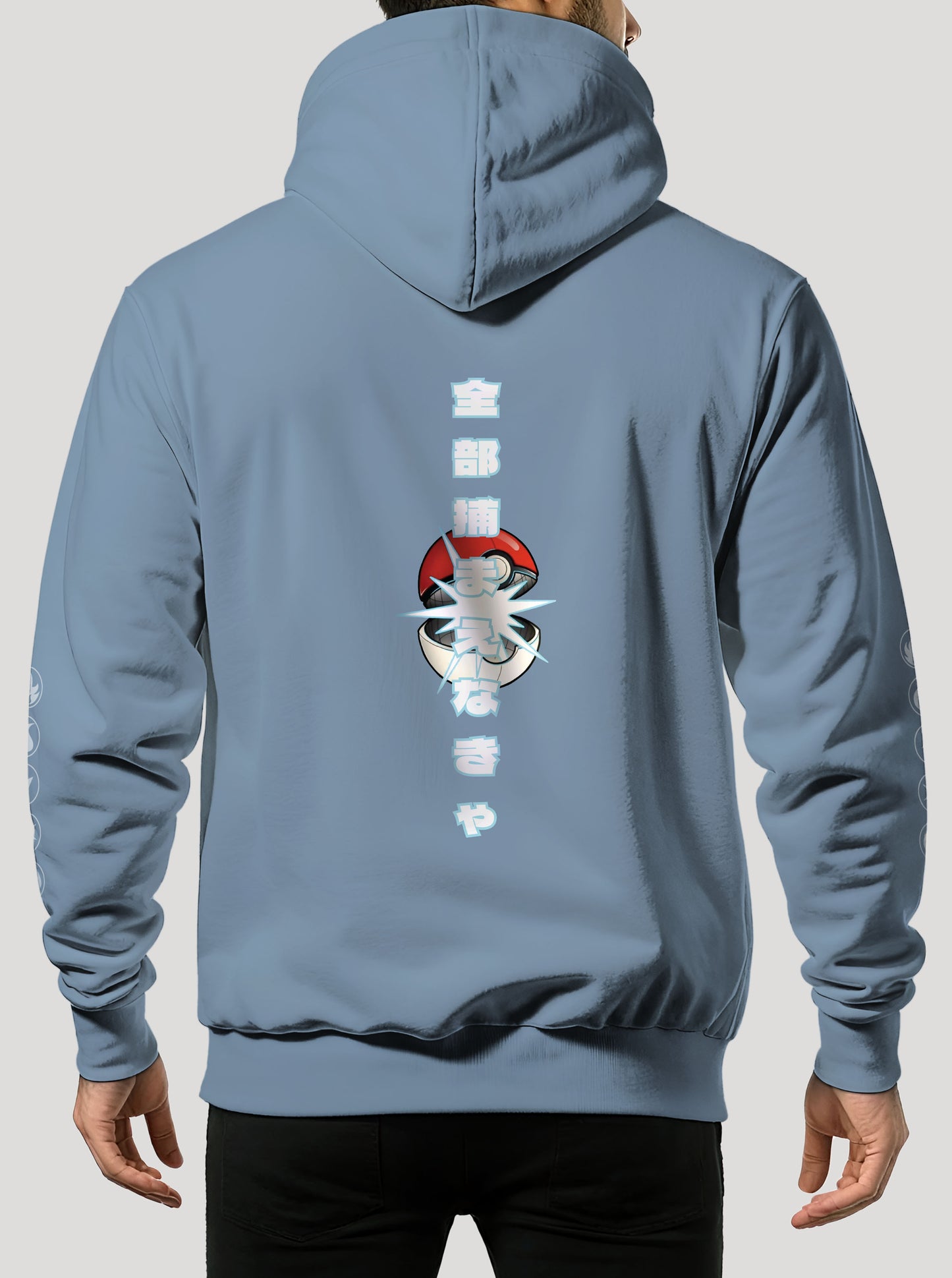 Blue hoodie featuring Pikachu and Friends in colour on front and back, made from 100% organic breathable cotton, with an oversized fit when sized up.