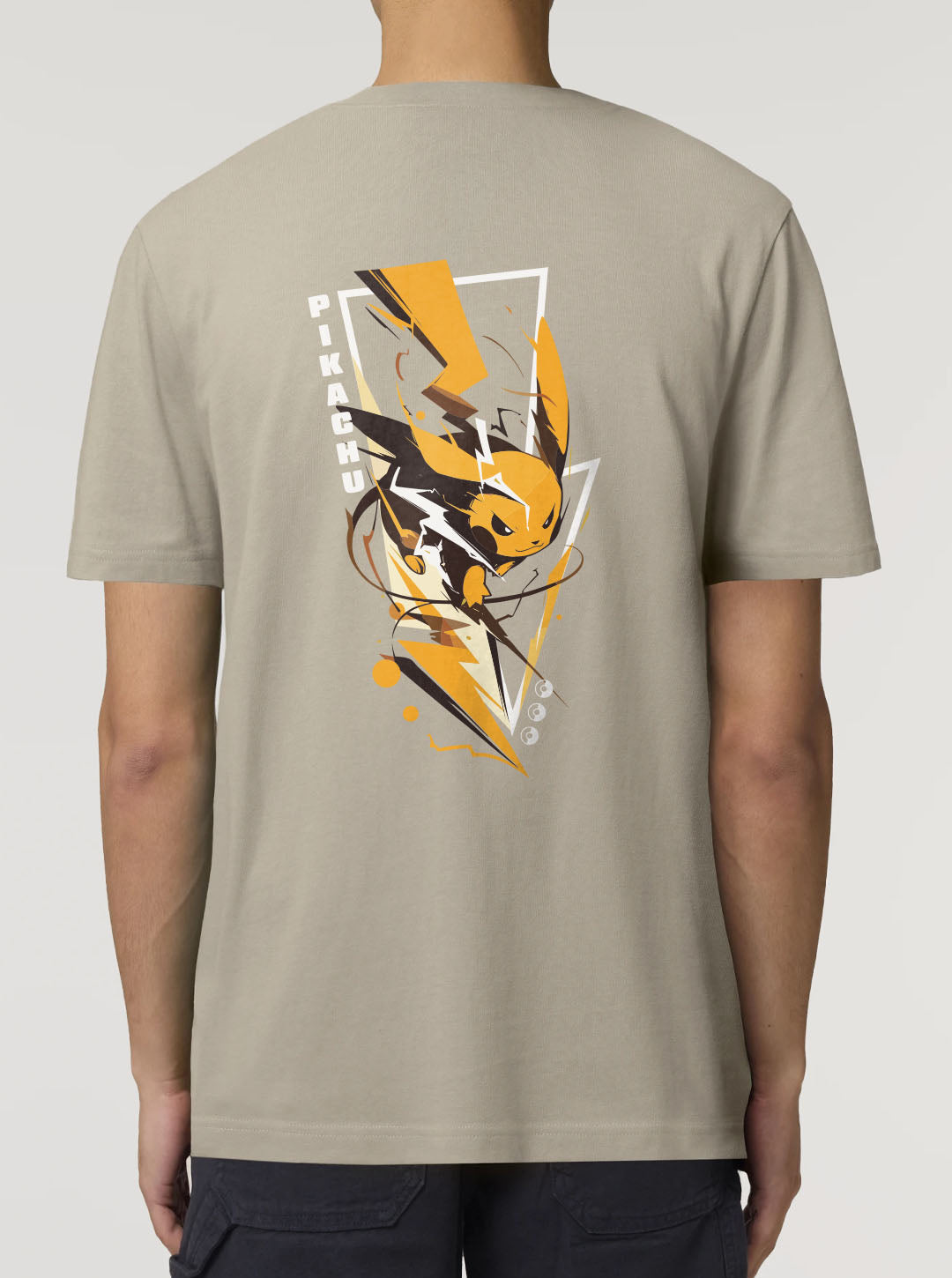 Stone t-shirt featuring Pikachu in colour on front and back, made from 100% organic breathable cotton, with an oversized fit when sized up.