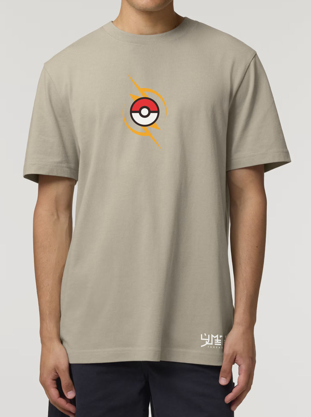 Stone t-shirt featuring Pikachu in colour on front and back, made from 100% organic breathable cotton, with an oversized fit when sized up.